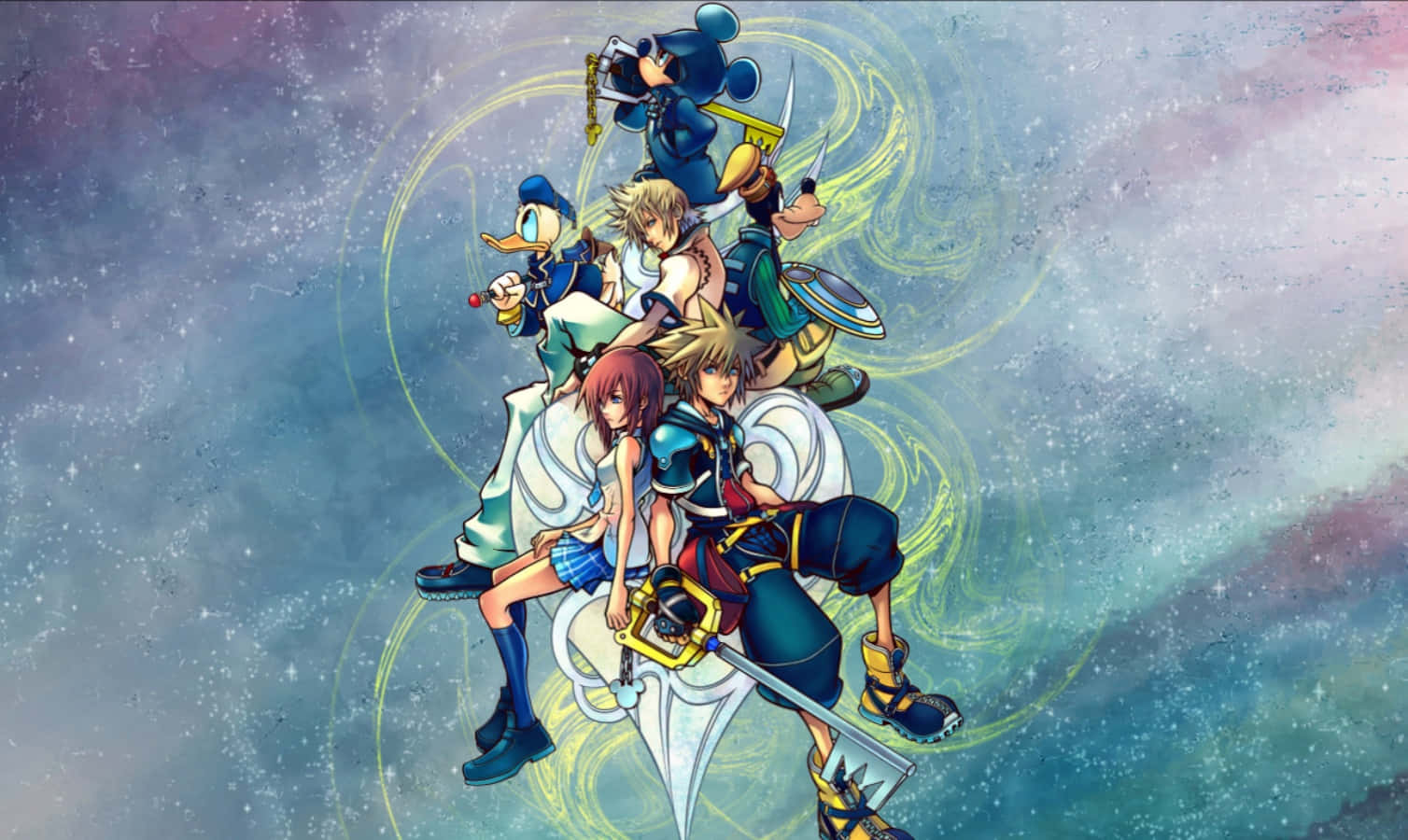 Kingdom Hearts 桌布 壁紙 — 一群持有鑰刃的動漫角色在充滿星星的漩渦宇宙背景上動態漂浮。