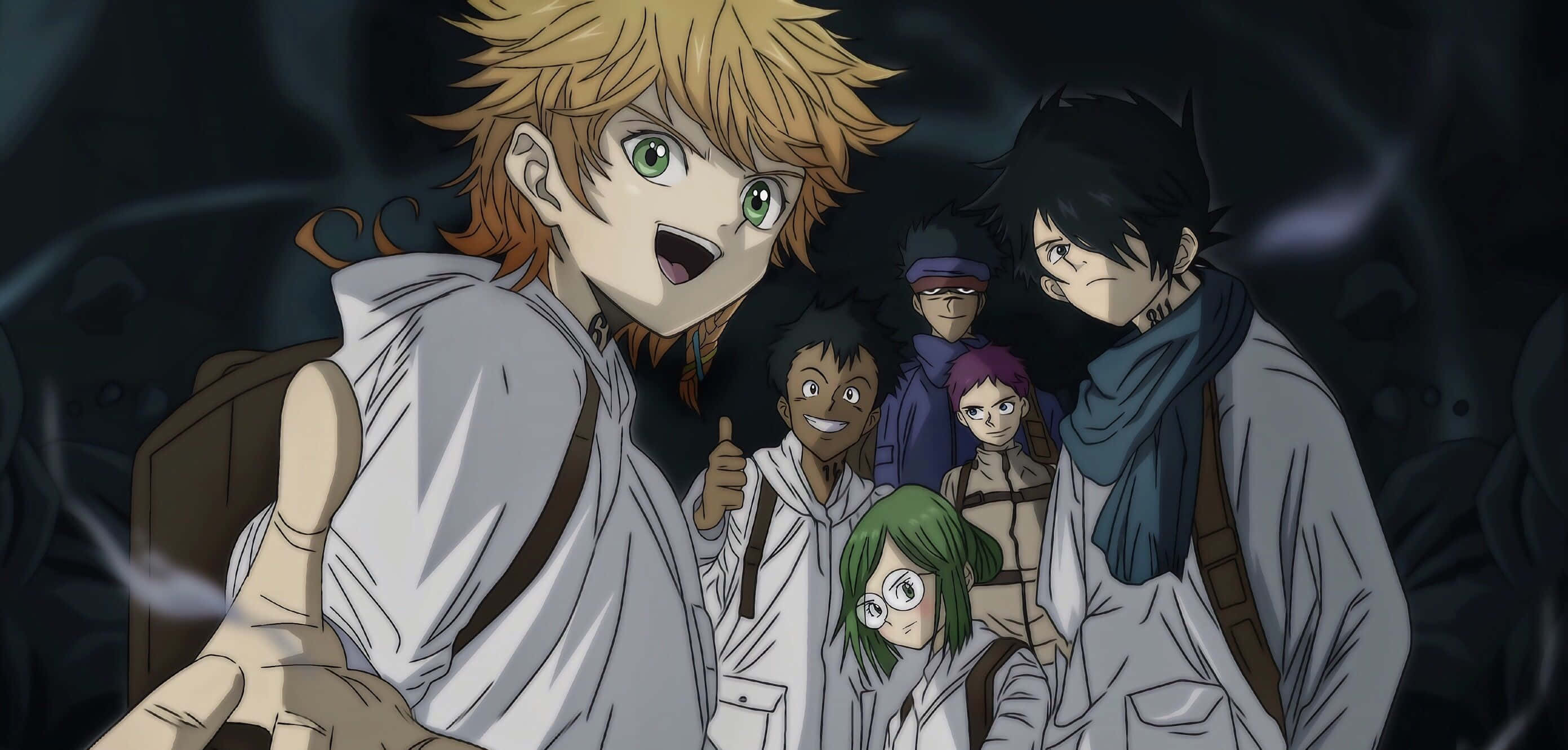 The Promised Neverland Ray 桌布 壁紙 — 一群擁有不同髮色和表情的動漫冒險者，一起站在一個黑暗、煙霧瀰漫的洞穴中。