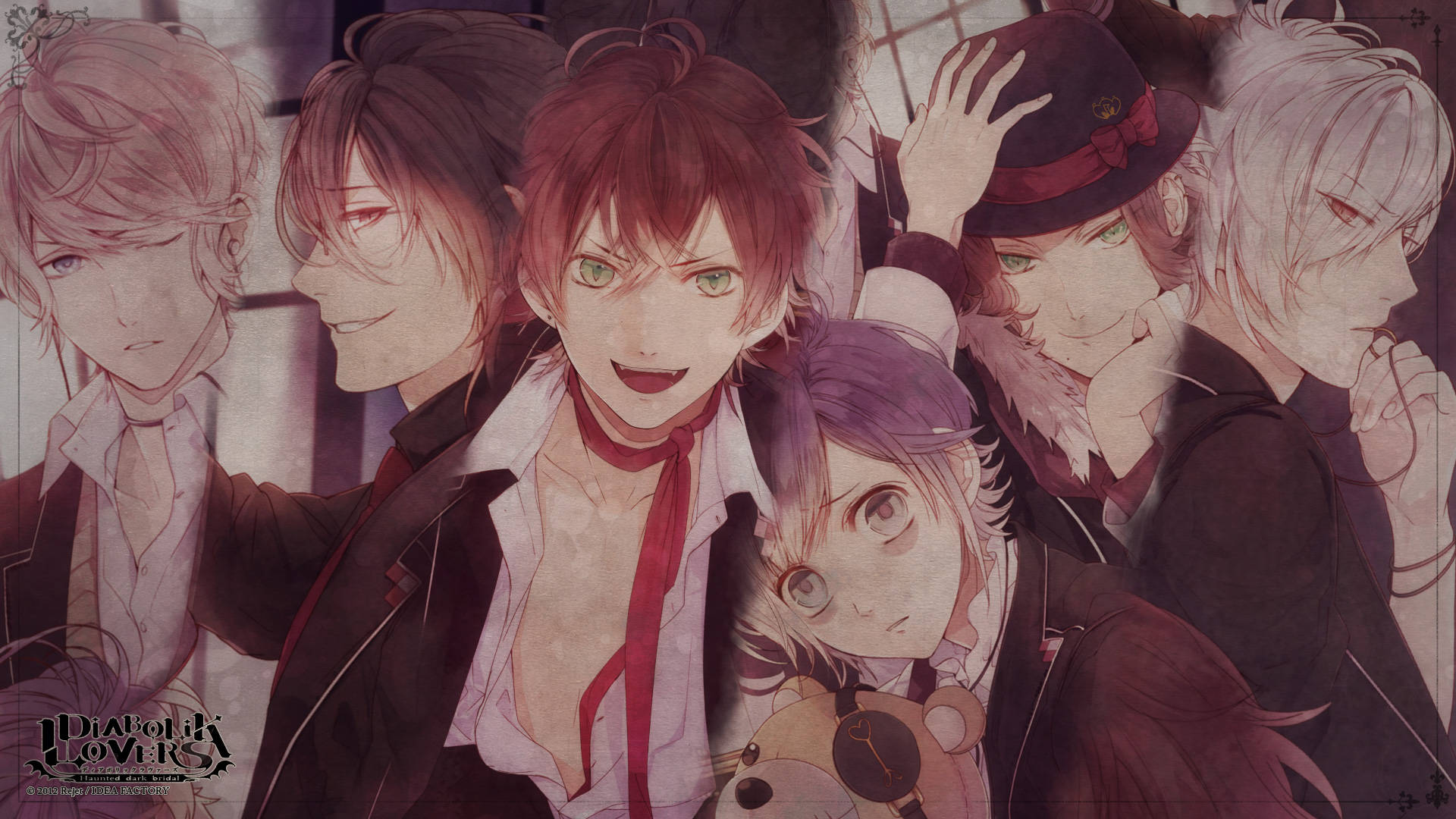 Diabolik Lovers 桌布 壁紙 — 一群擁有不同髮色和表情的動漫角色，在暖色調的風格化插圖中緊密聚集。