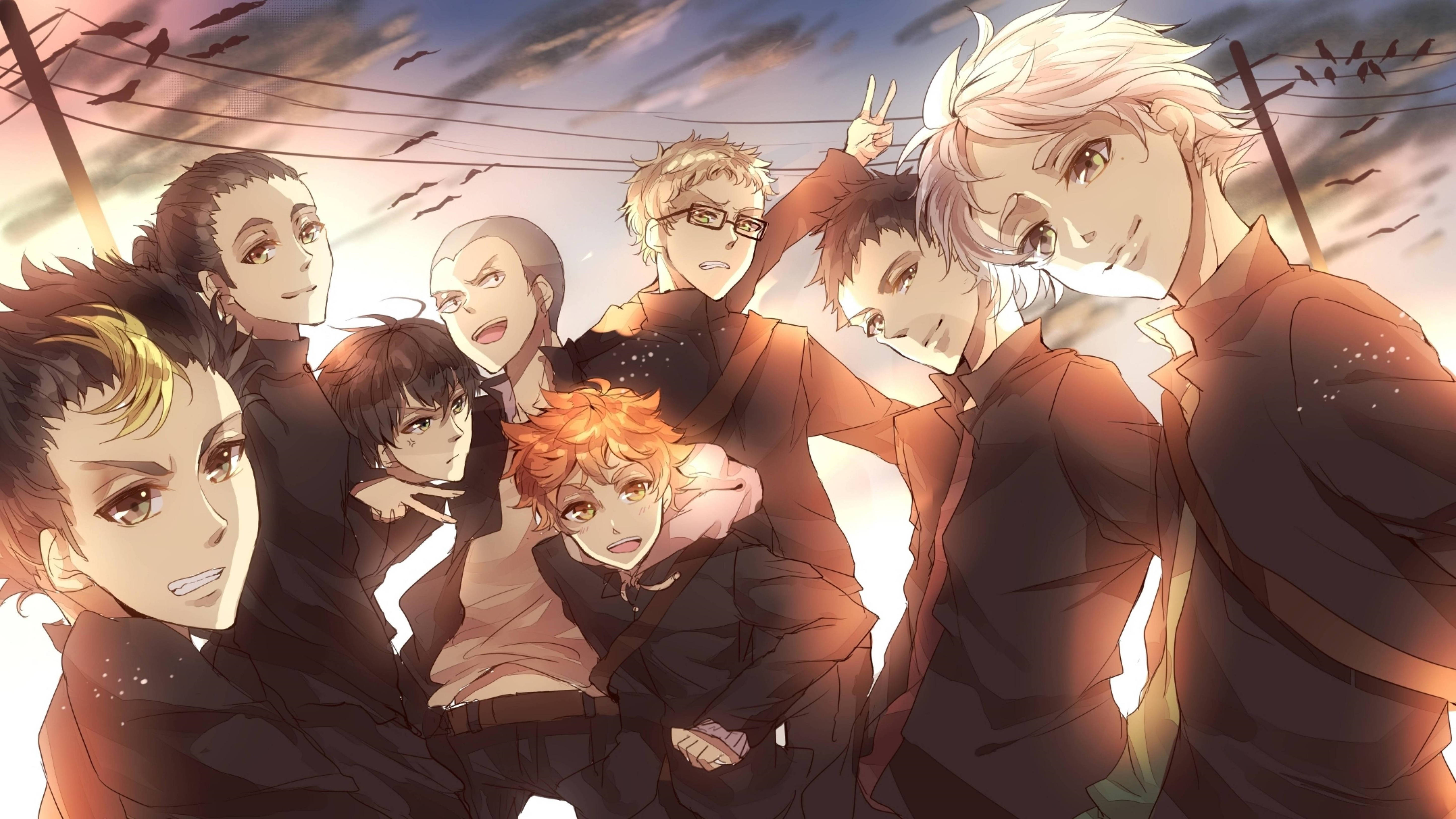 排球少年 桌布 壁紙 — 一群擁有不同髮色和表情的動畫男孩，在鳥兒飛翔的黃昏天空下一起擺姿勢。
