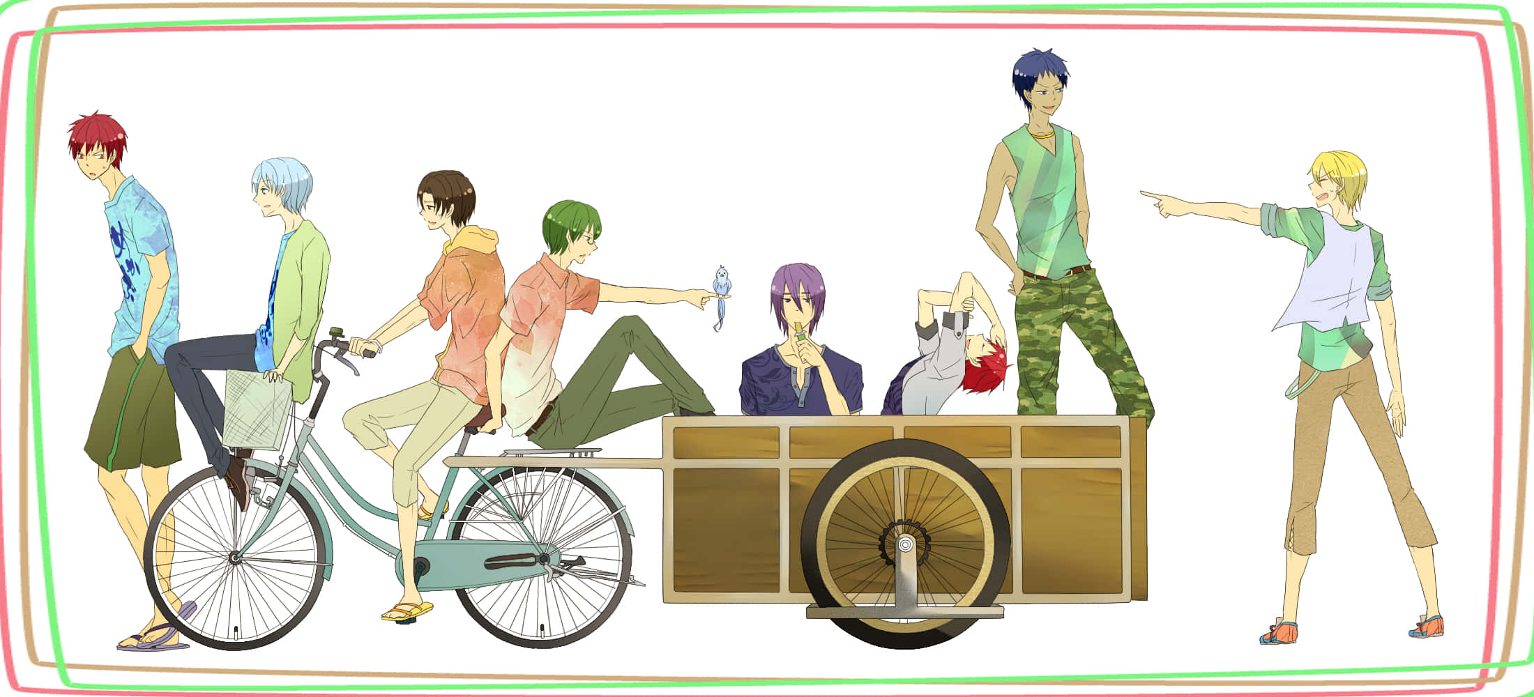 Kuroko No Basket 桌布 壁紙 — 一群擁有不同髮色的動漫角色騎著和站在一輛帶有木製手推車的腳踏車周圍。