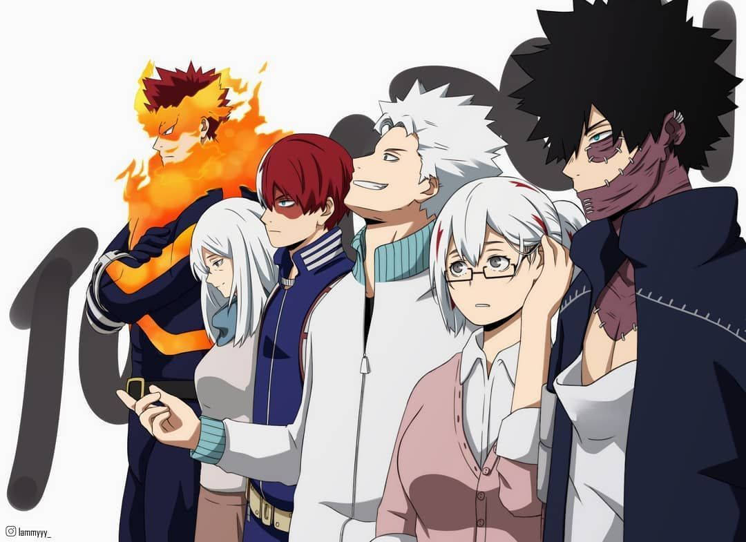 todoroki family 桌布 壁紙 — 一群擁有火紅頭髮、白髮和深色服裝的動漫角色，站在純白色背景前。