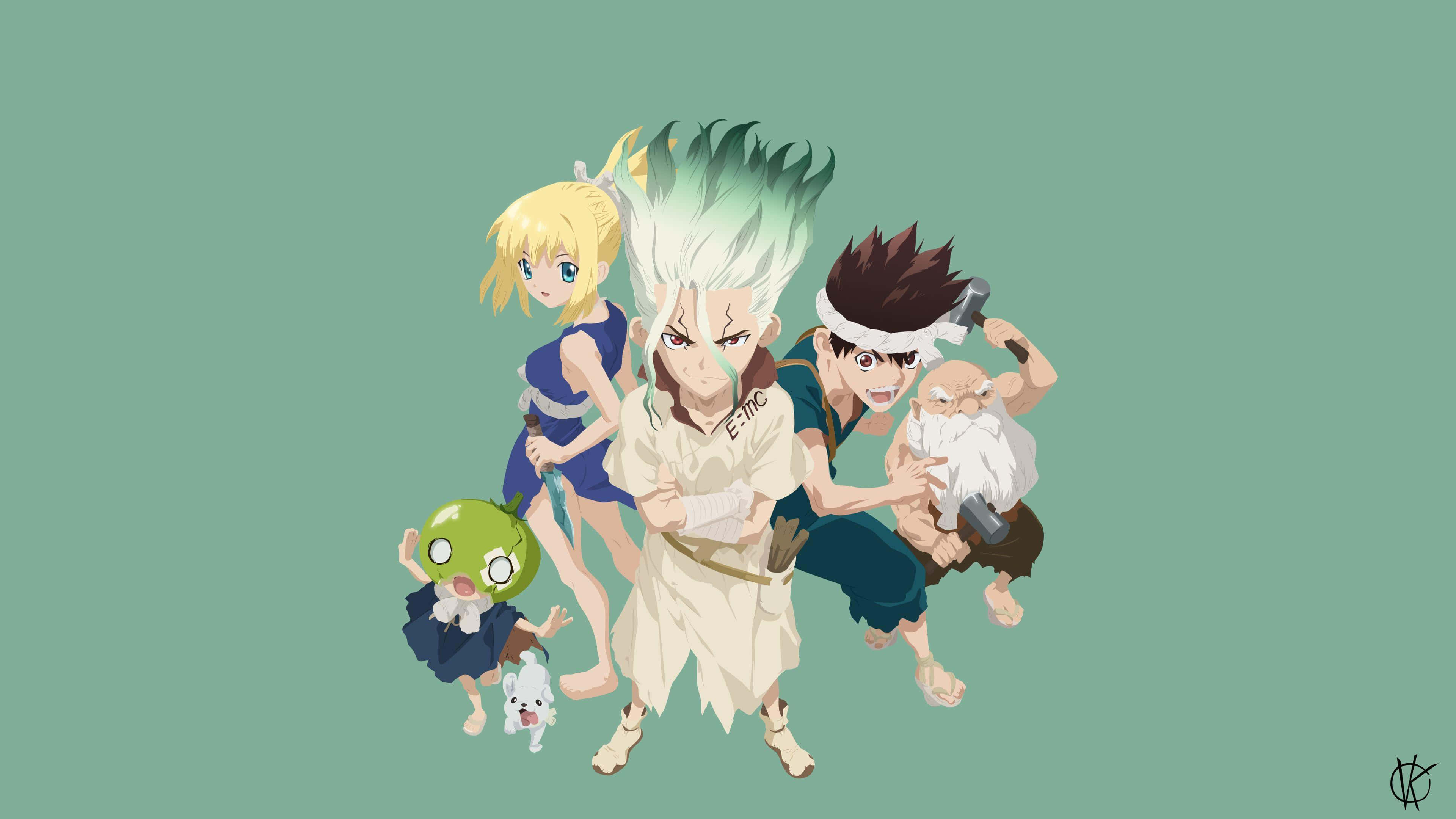 Dr.STONE 新石紀 桌布 壁紙 — 一群擁有獨特髮型和服裝的動漫角色，站在純青色背景前。