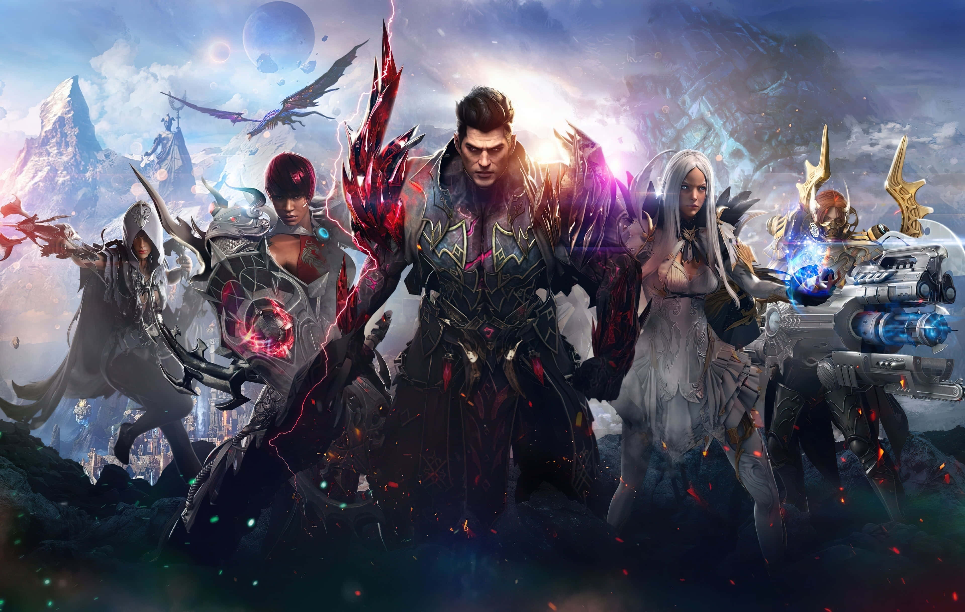 Online Games 桌布 壁紙 — 一群擁有發光武器的奇幻戰士，在宇宙山脈背景下與飛龍英勇地站立。