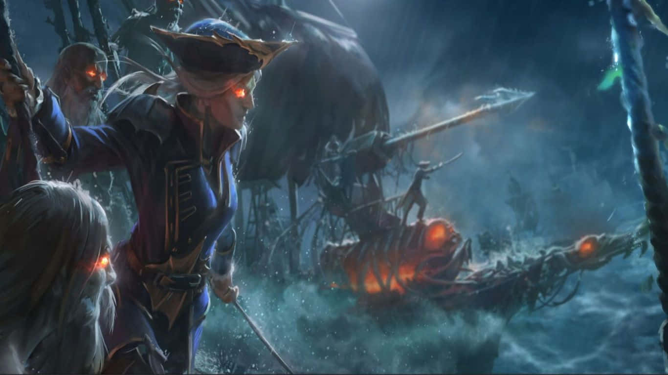 1366x768 Total War Warhammer Ii 桌布 壁紙 — 一群擁有發光紅眼的黑暗奇幻海盜船員，在月光下的暴風雨中站在幽靈船上。