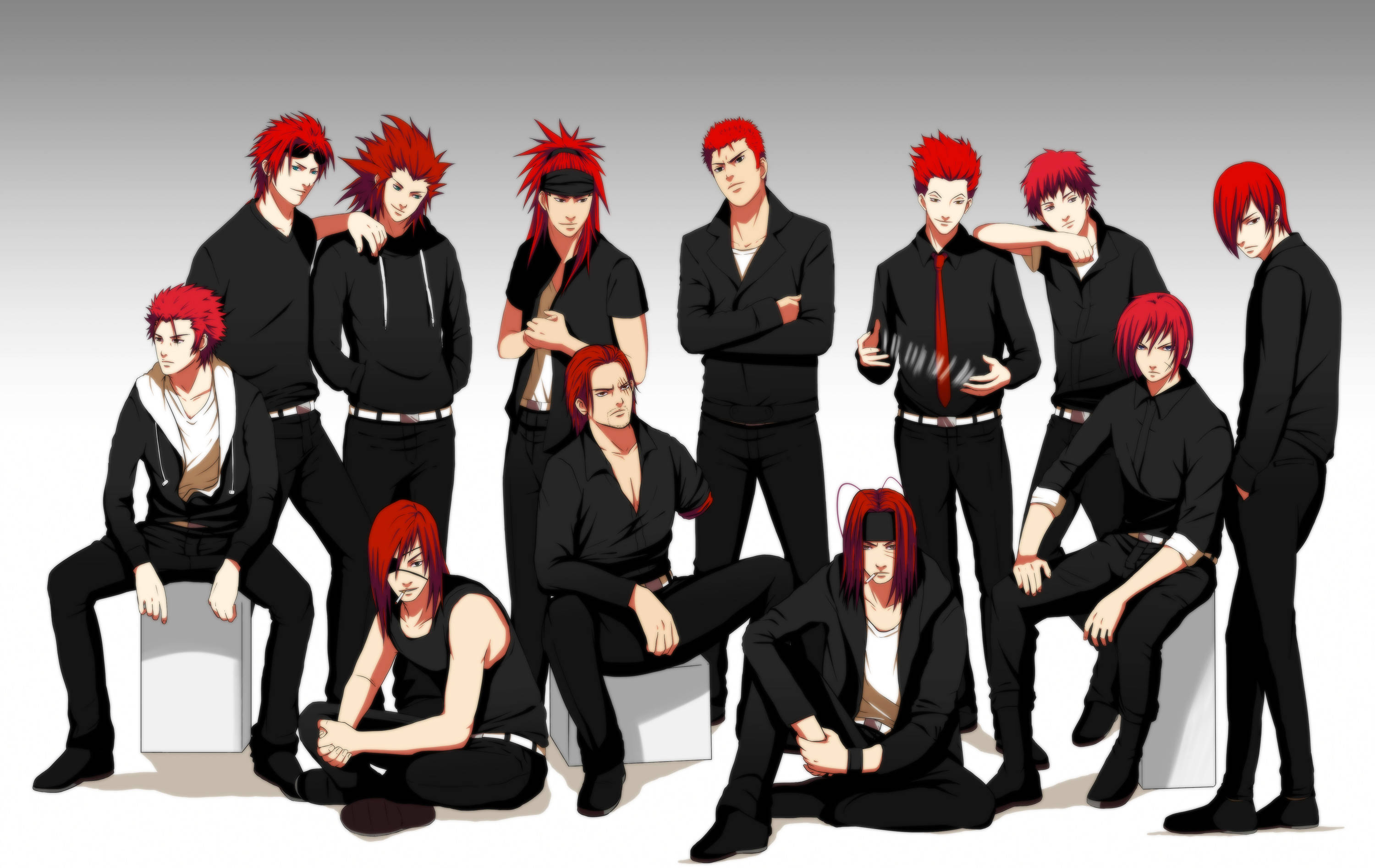 Shanks 桌布 壁紙 — 一群擁有鮮豔紅髮和黑色服裝的動漫角色在純灰色背景前自信地擺姿勢。