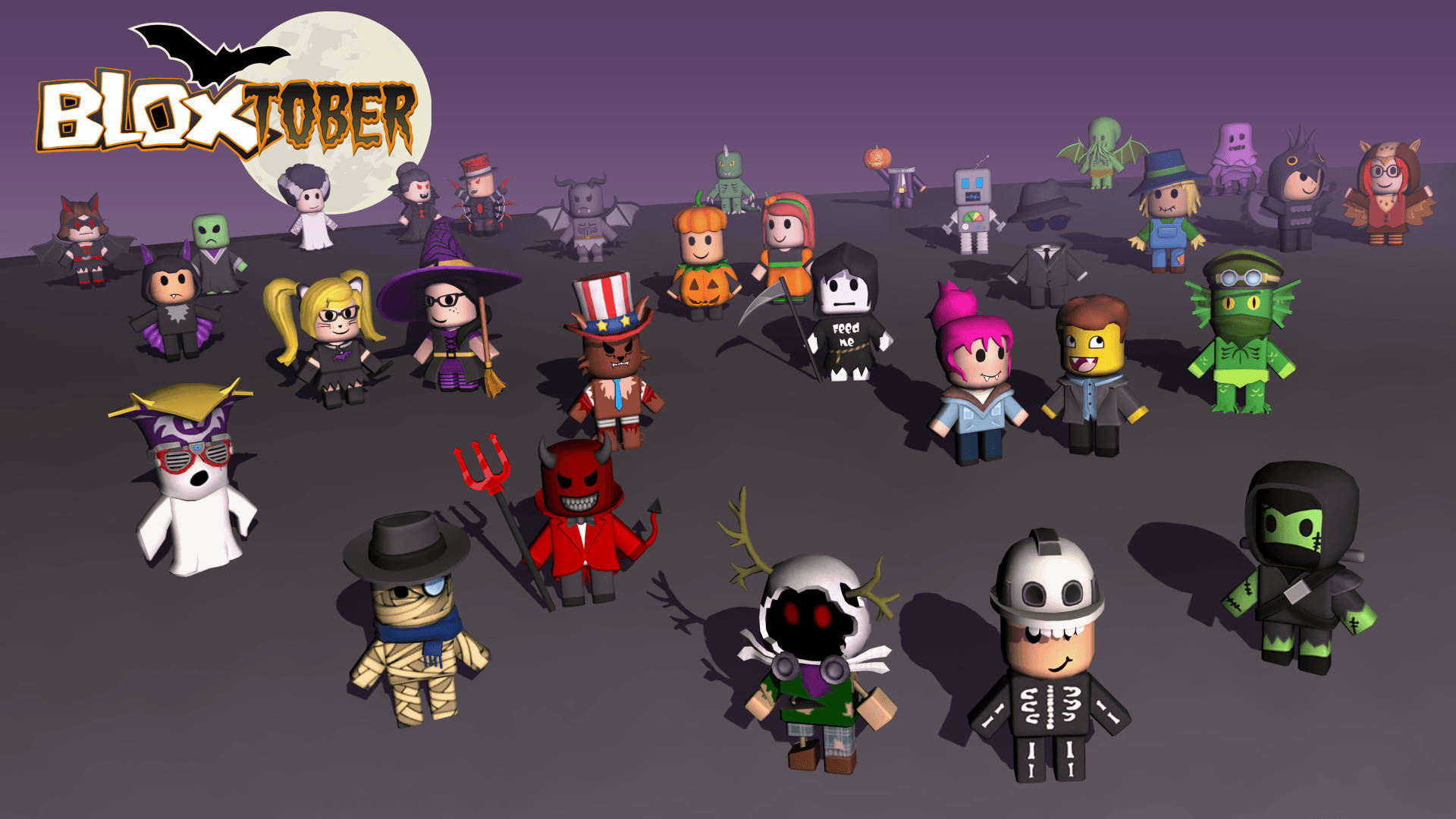 Cute Roblox 桌布 壁紙 — 一群方塊卡通角色穿著萬聖節服裝，在帶有蝙蝠標誌的滿月下聚集。