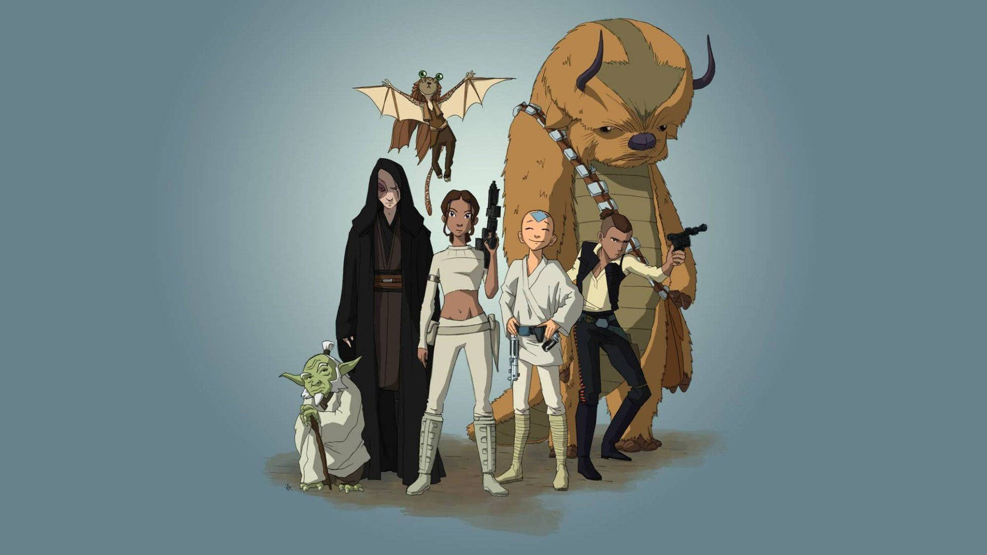 Avatar The Last Airbender 桌布 壁紙 — 一群星際大戰角色，包括尤達、達斯·西迪厄斯、帕德梅、安納金和丘巴卡，站在柔和的藍色背景前。