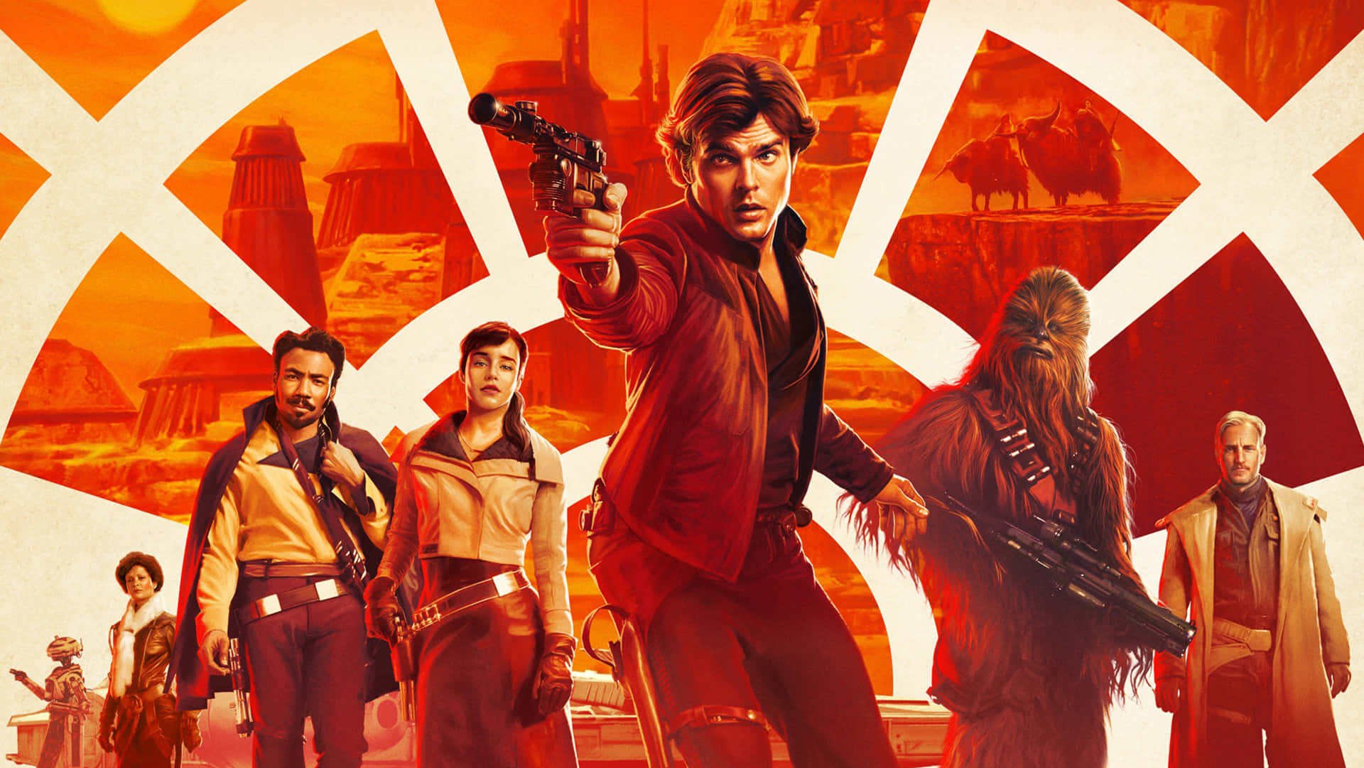 Solo A Star Wars Story 桌布 壁紙 — 一群星際大戰角色在帶有幾何白色圖案的熾熱橙色沙漠背景下英勇站立。