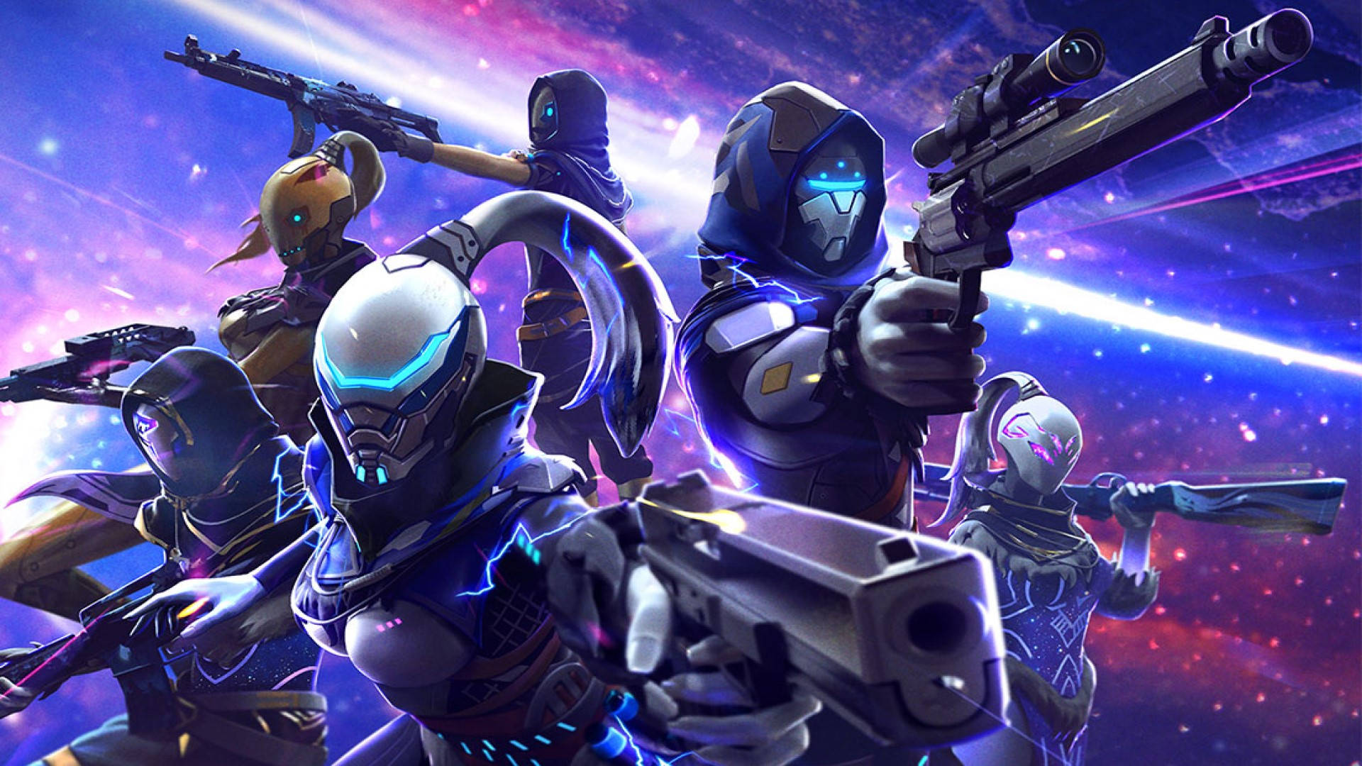 Free Fire 桌布 壁紙 — 一群未來主義的裝甲戰士，戴著發光的頭盔和武器，準備好迎接充滿活力的宇宙星空背景。