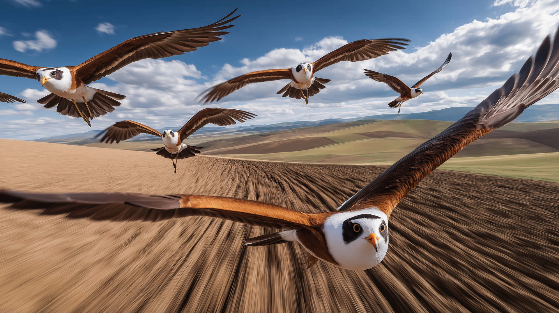 Birds of Prey in Formation Flight Over Sandy Desert Dunes 壁紙 — 一群棕色和白色的鳥在明亮的藍天白雲下，在模糊的沙漠景觀上動態翱翔。