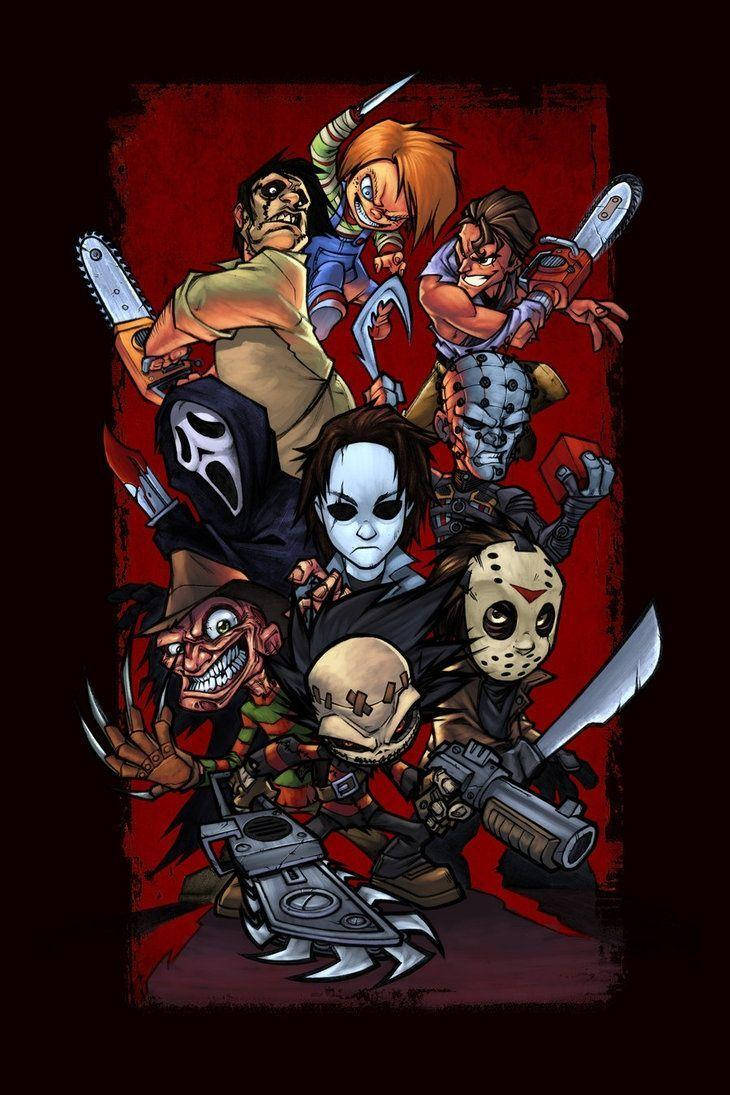 horror villains 桌布 壁紙 — 一群標誌性恐怖電影殺手在血紅色背景下以挑釁姿態擺出威脅性姿勢。