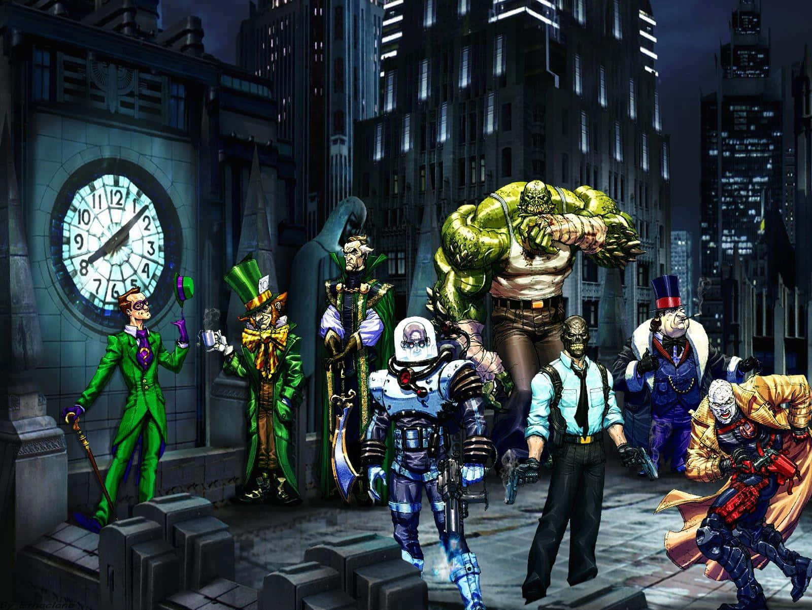 Villain 桌布 壁紙 — 一群標誌性的漫畫反派在夜晚黑暗、霓虹燈閃爍的城市景觀中威風凜凜地站立。