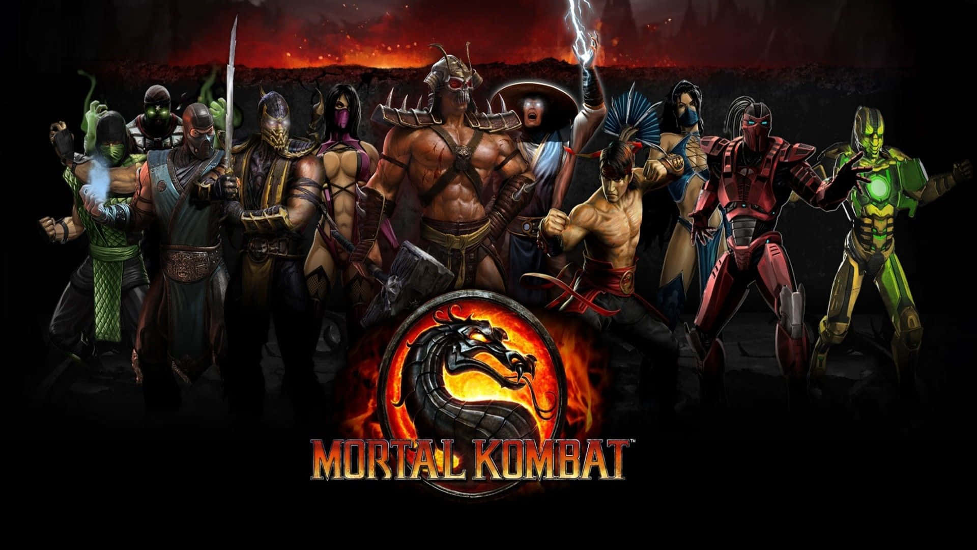 Mortal Kombat Cyrax 桌布 壁紙 — 一群標誌性的真人快打戰士站在熾熱的競技場中，下方有一個發光的龍形徽章。