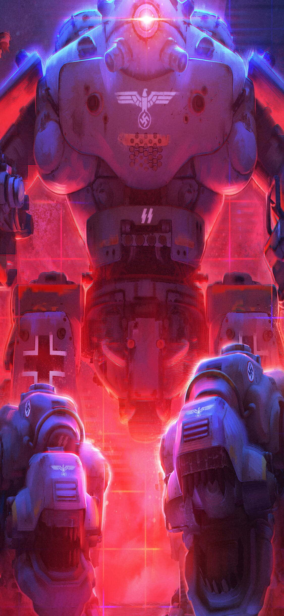 一群機器人站在紅光前 壁紙