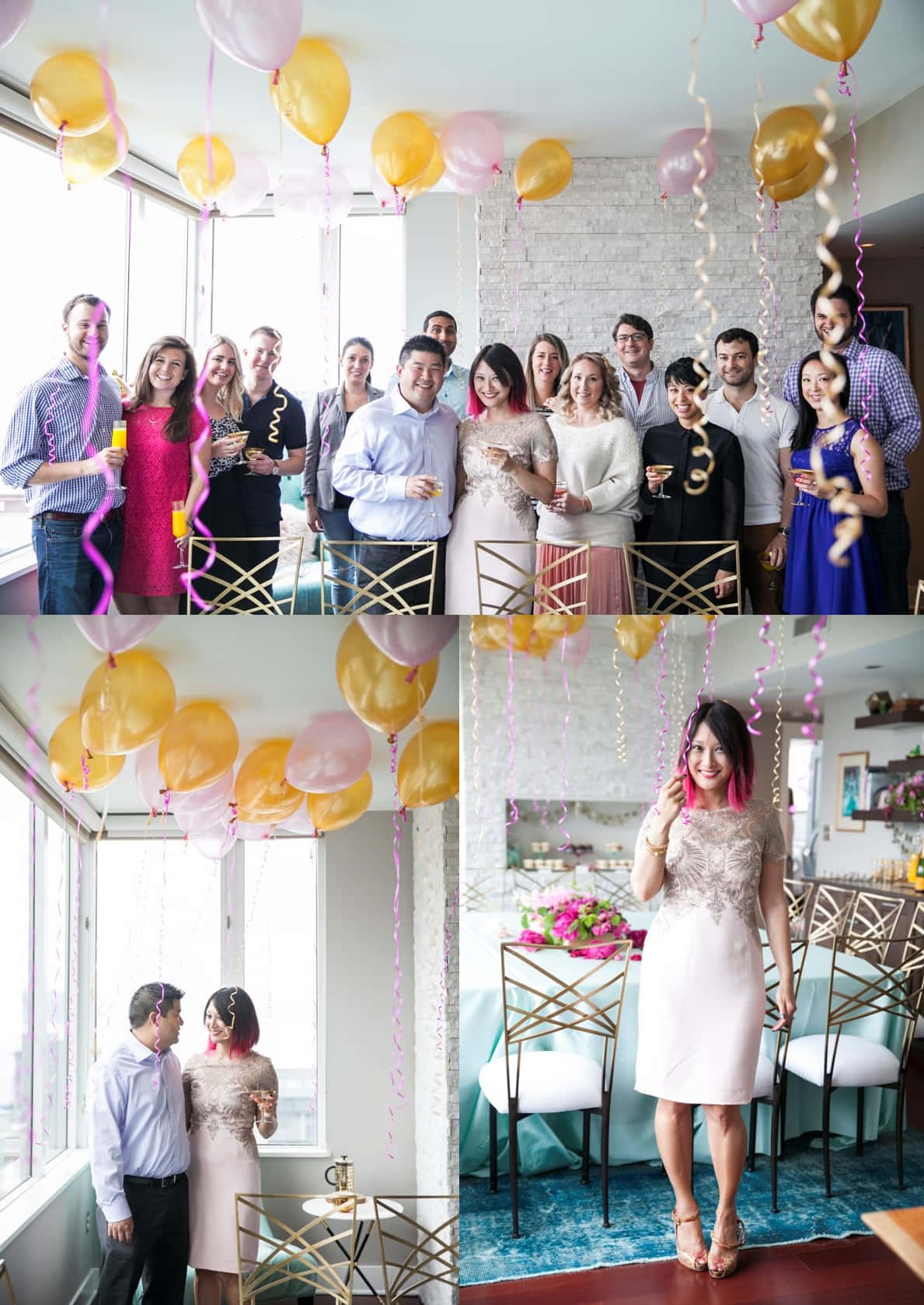 Birthday Party 桌布 壁紙 — 一群歡樂的人在明亮的現代公寓內慶祝，有黃色和粉紅色的氣球、五彩紙屑和香檳杯。