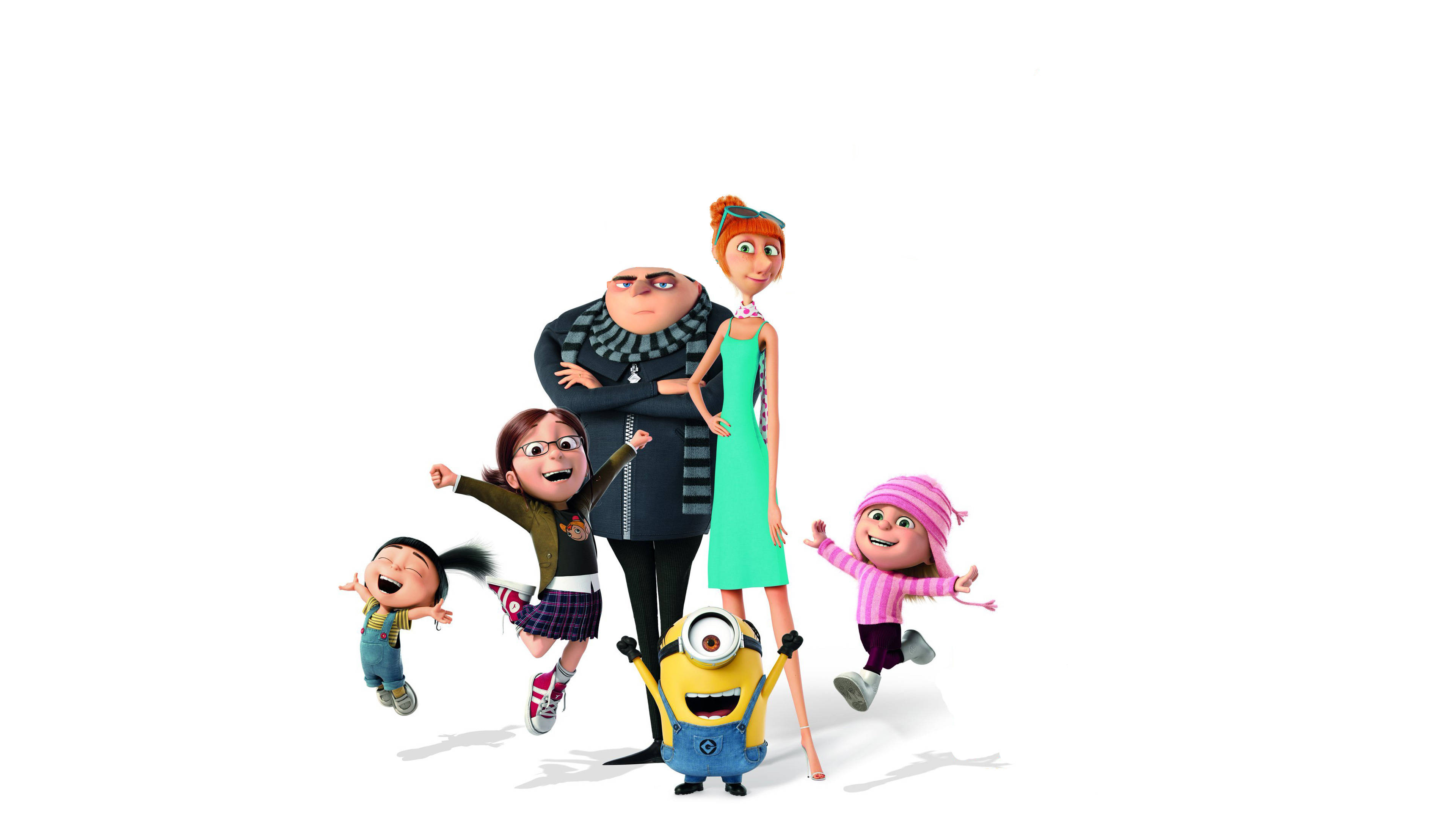 小黃人 桌布 壁紙 — 一群歡樂的動畫角色，包括Gru、Lucy和Minions，在純白色背景前愉快地擺姿勢。