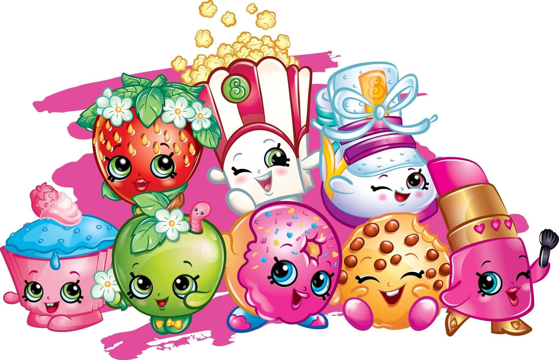 Shopkins 桌布 壁紙 — 一群歡樂的卡通食物角色，例如草莓、杯子蛋糕和餅乾，有大眼睛和笑容。