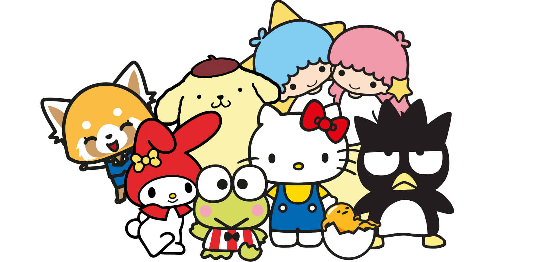 Hello Kitty Pc 桌布 壁紙 — 一群歡樂的標誌性日本卡通人物以明亮、俏皮的顏色一起擺姿勢。