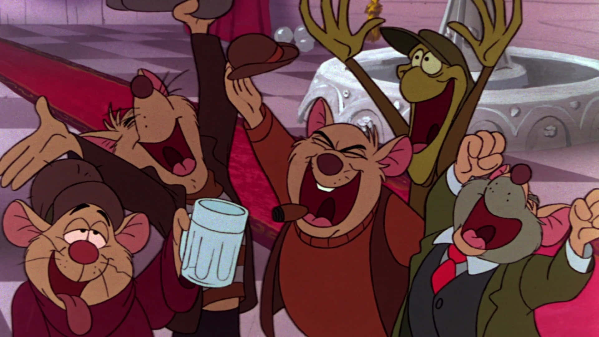 The Great Mouse Detective 桌布 壁紙 — 一群歡騰的動畫老鼠在豪華的室內環境中瘋狂慶祝，高舉雙臂，表情喜悅。