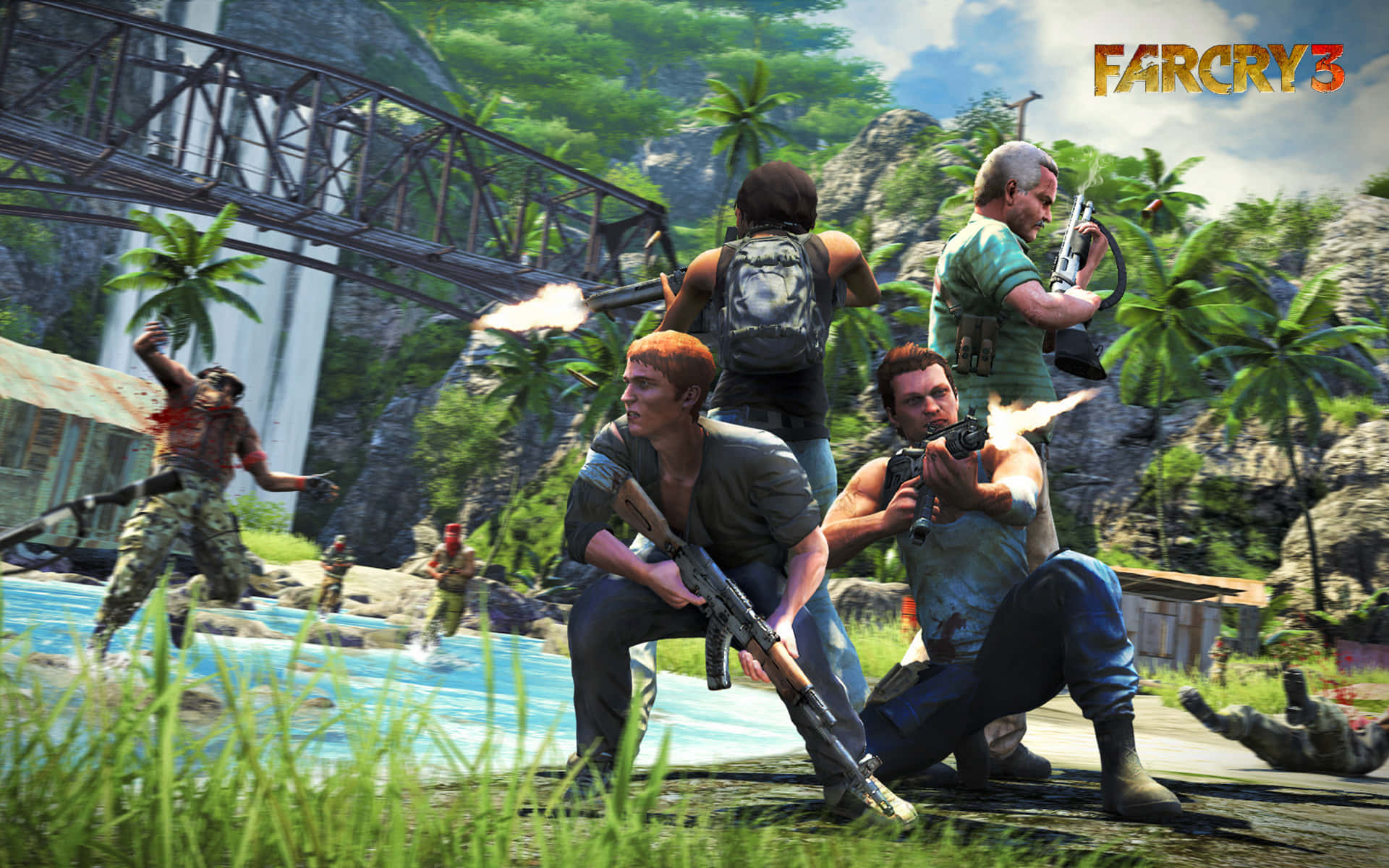 Far Cry 3 桌布 壁紙 — 一群武裝士兵在茂密的熱帶叢林中，在瀑布和金屬橋附近進行戰鬥。