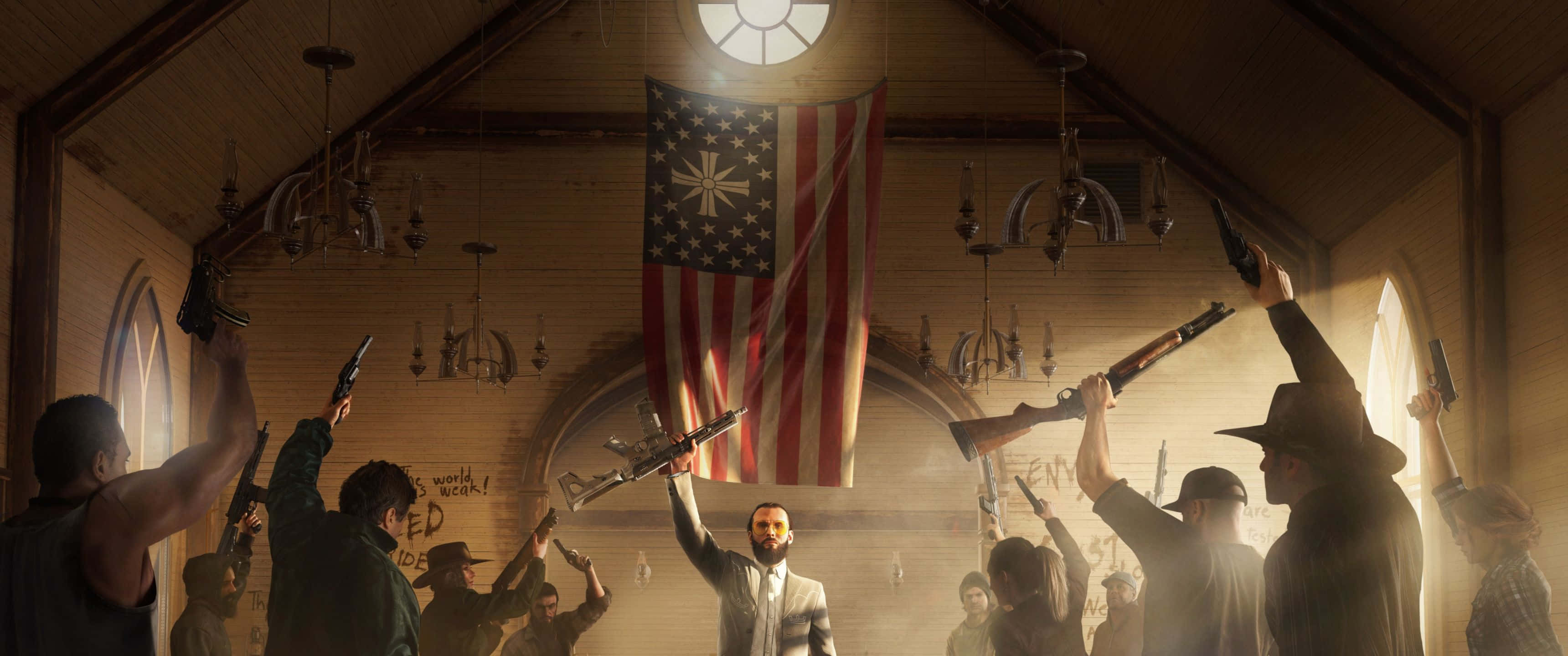 3440x1440p Far Cry 5 桌布 壁紙 — 一群武裝男子在教堂內舉起武器，指向懸掛在天花板上的改版美國國旗。