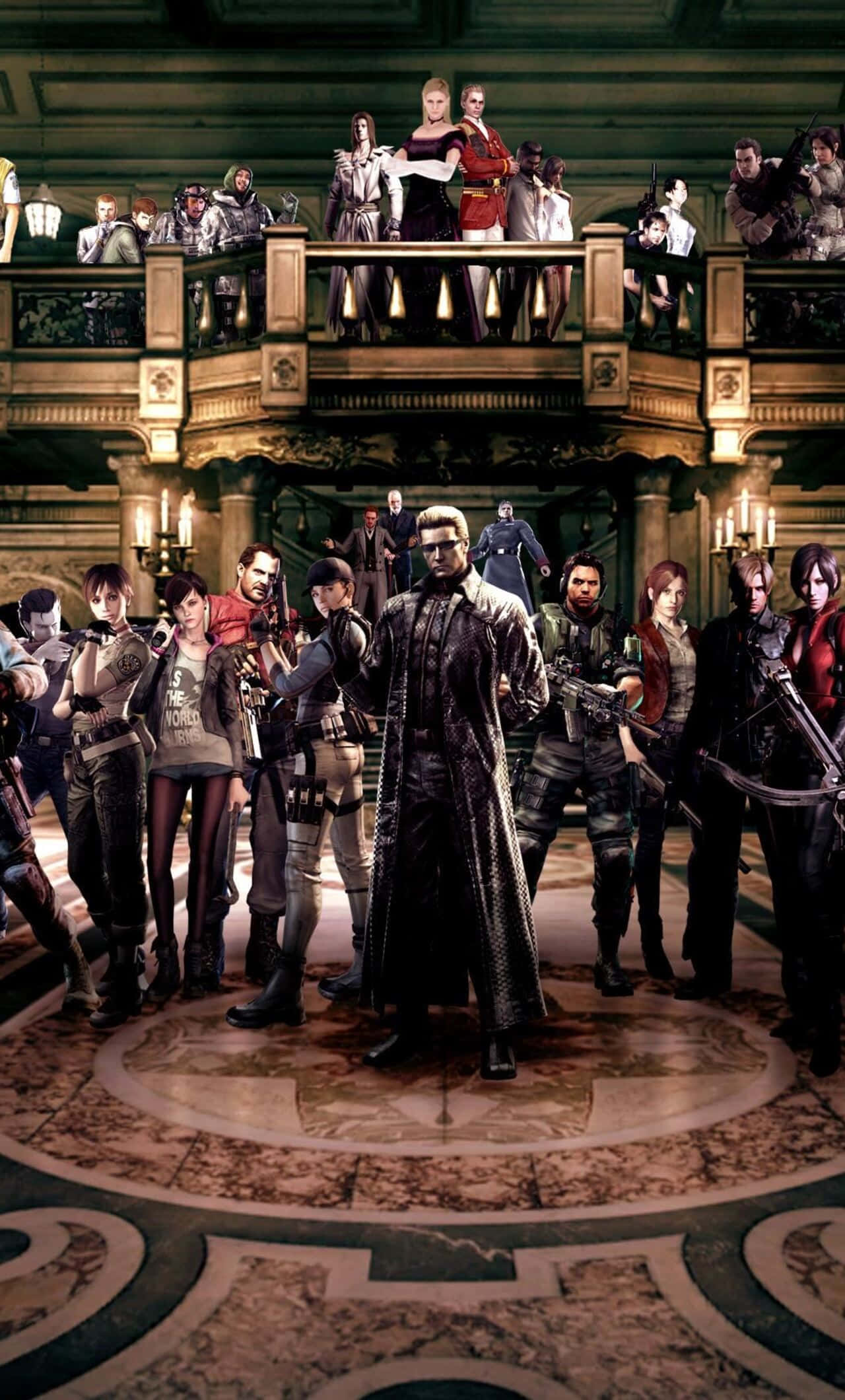 Resident Evil iPhone 桌布 壁紙 — 一群武裝角色在一個帶有陽台和吊燈的宏偉華麗大廳中。