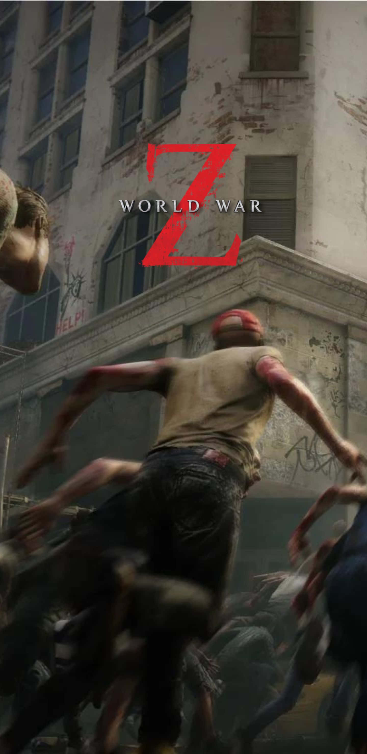 Pixel 3xl World War Z 桌布 壁紙 — 一群殭屍在陰沉天空下湧過破敗的城市街道，上方有紅色Z標誌。