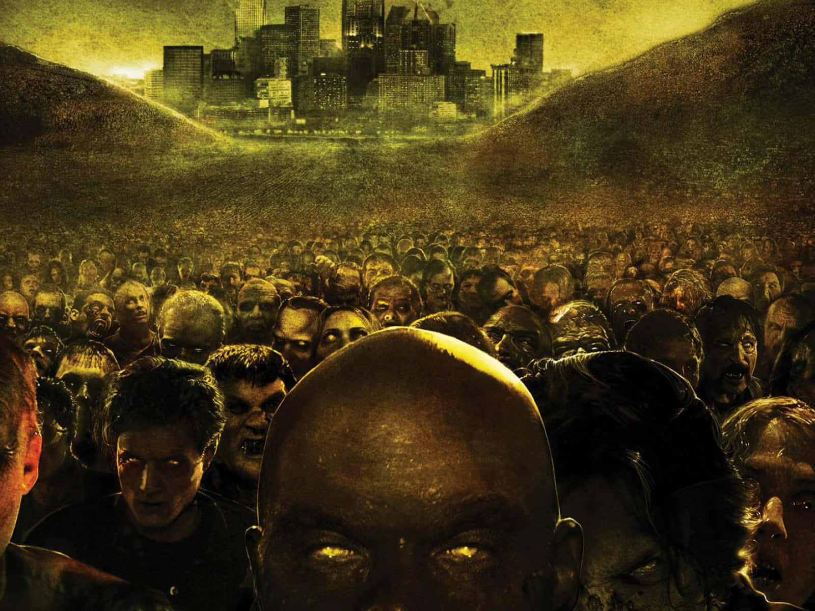 zombies 桌布 壁紙 — 一群殭屍在黃色天空下，以發光的眼睛向觀眾前進，遠處的城市天際線隱約可見。
