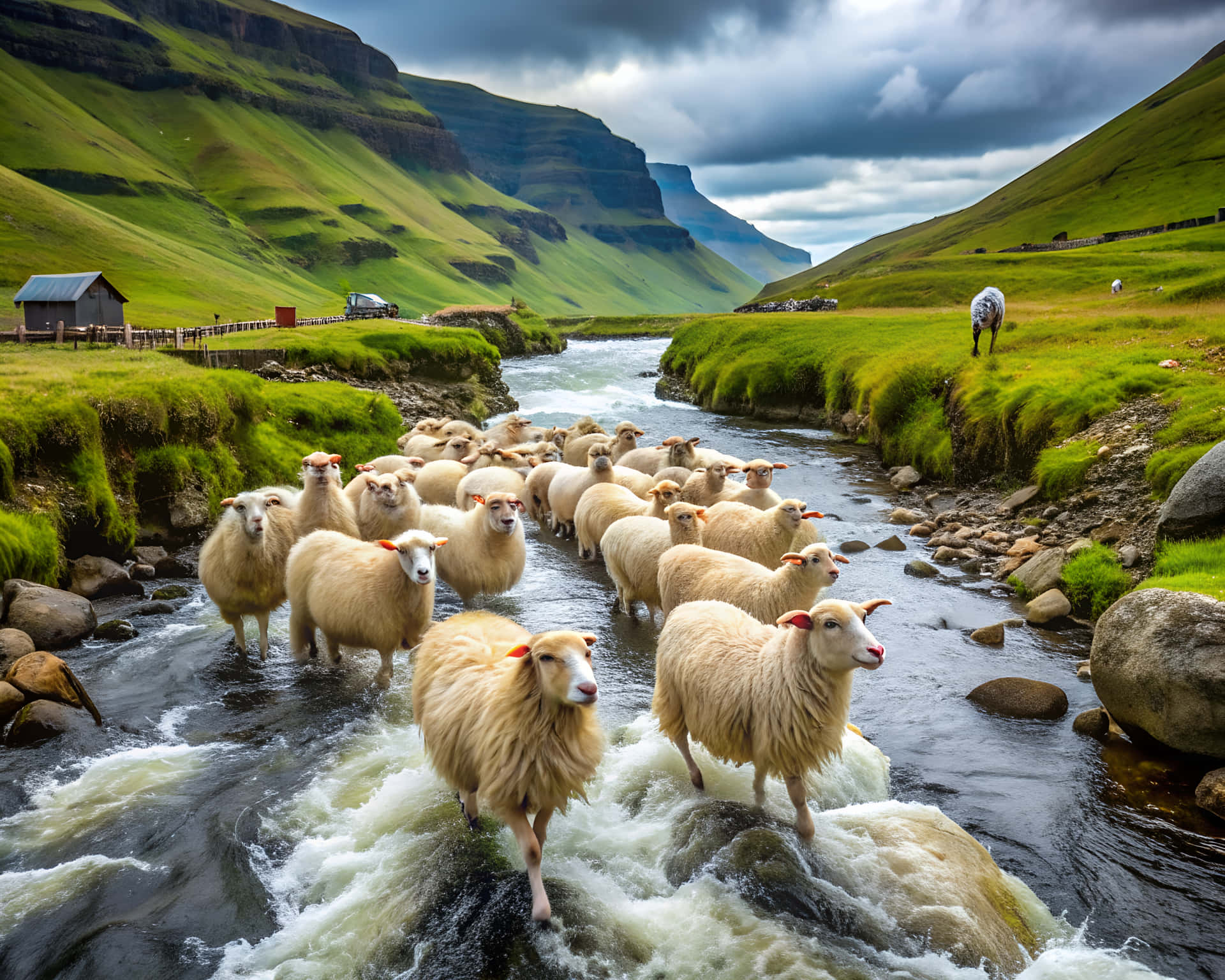 Sheep on the river 壁紙 — 一群毛茸茸的羊在雲天之下，穿過被翠綠山丘和陡峭懸崖環繞的湍急山溪。