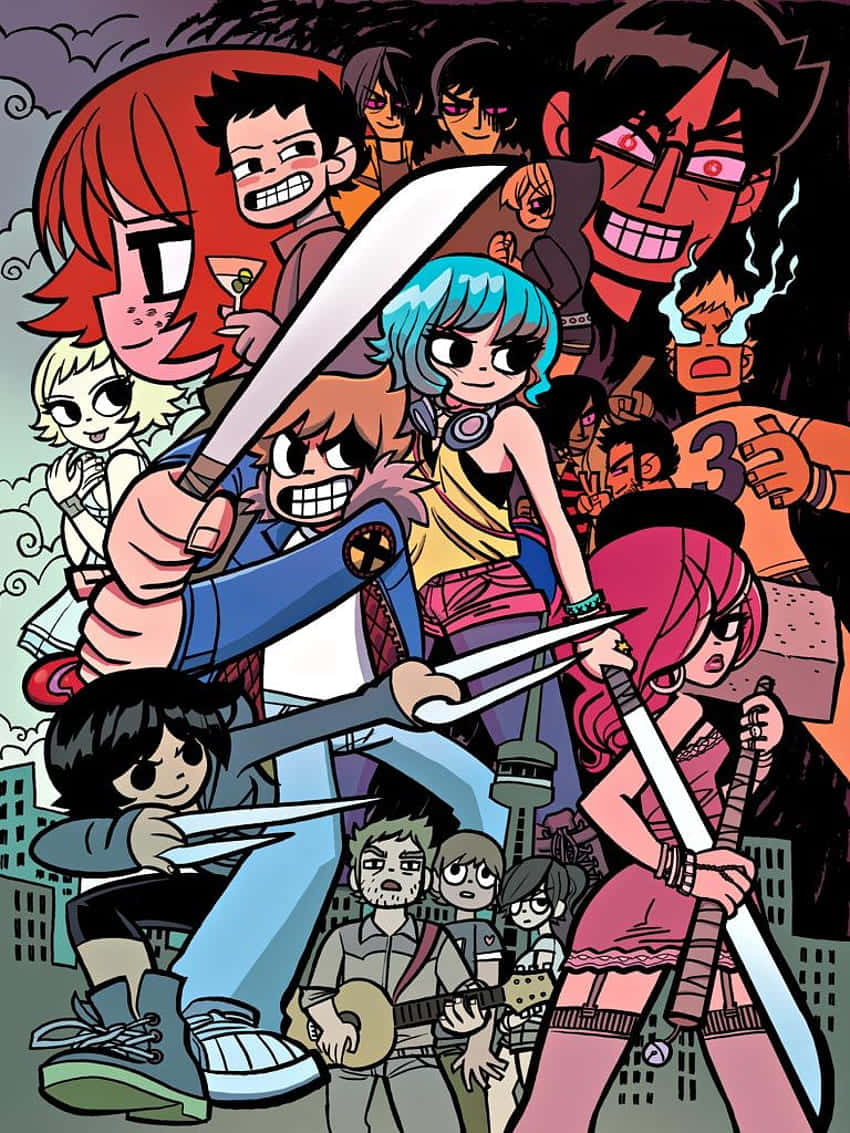scott pilgrim 桌布 壁紙 — 一群混亂的動漫風格角色，手持武器，表情誇張，身處城市景觀中。