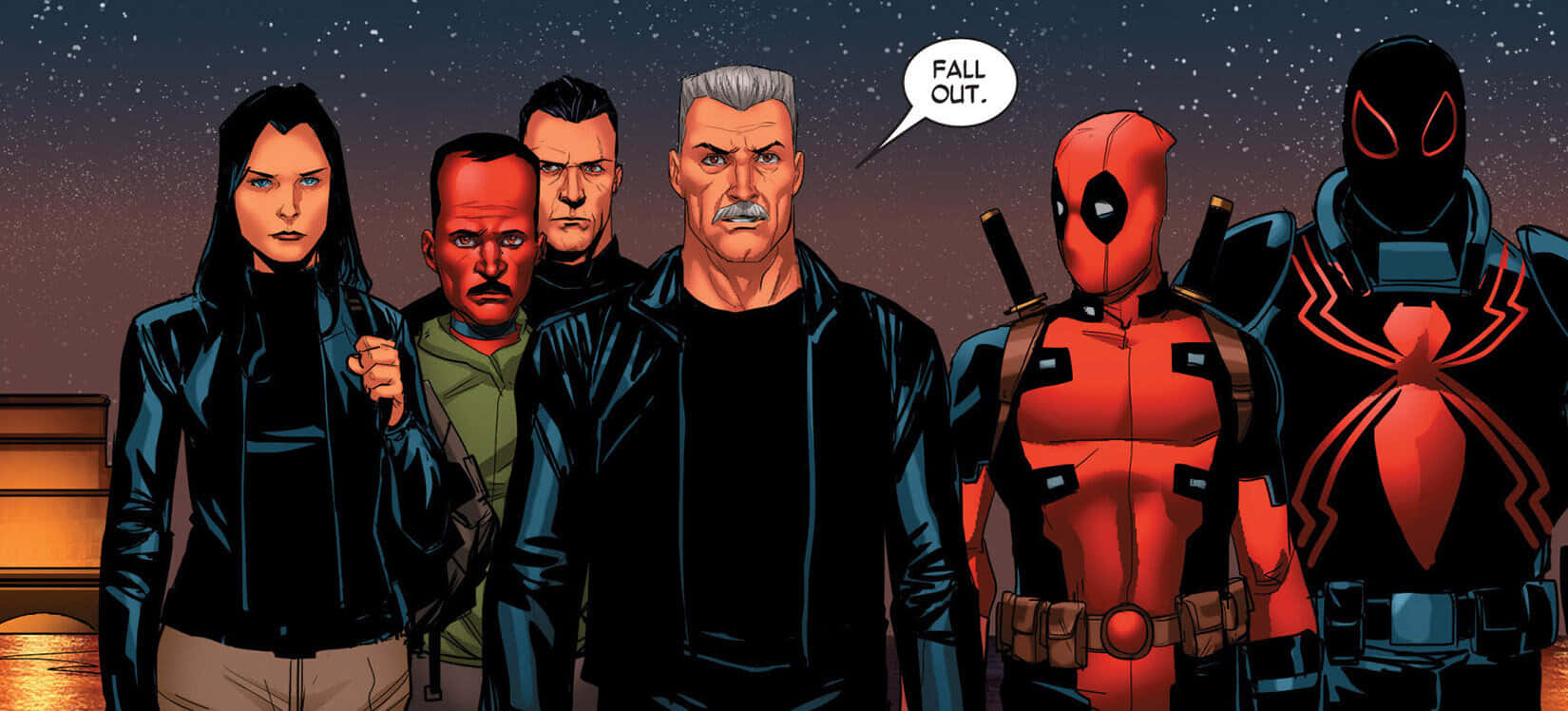 Thunderbolts 桌布 壁紙 — 一群漫畫英雄，包括死侍和蜘蛛人，在星空下站在一起，並有一個對話氣泡寫著「FALL OUT」。