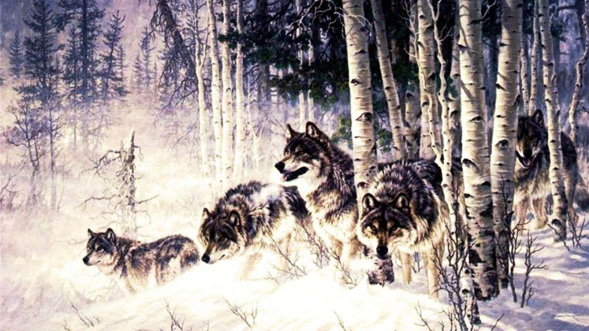 Cute Wolves 桌布 壁紙 — 一群狼在冬日陰沉天空下，悄悄穿過白雪覆蓋的白樺林。