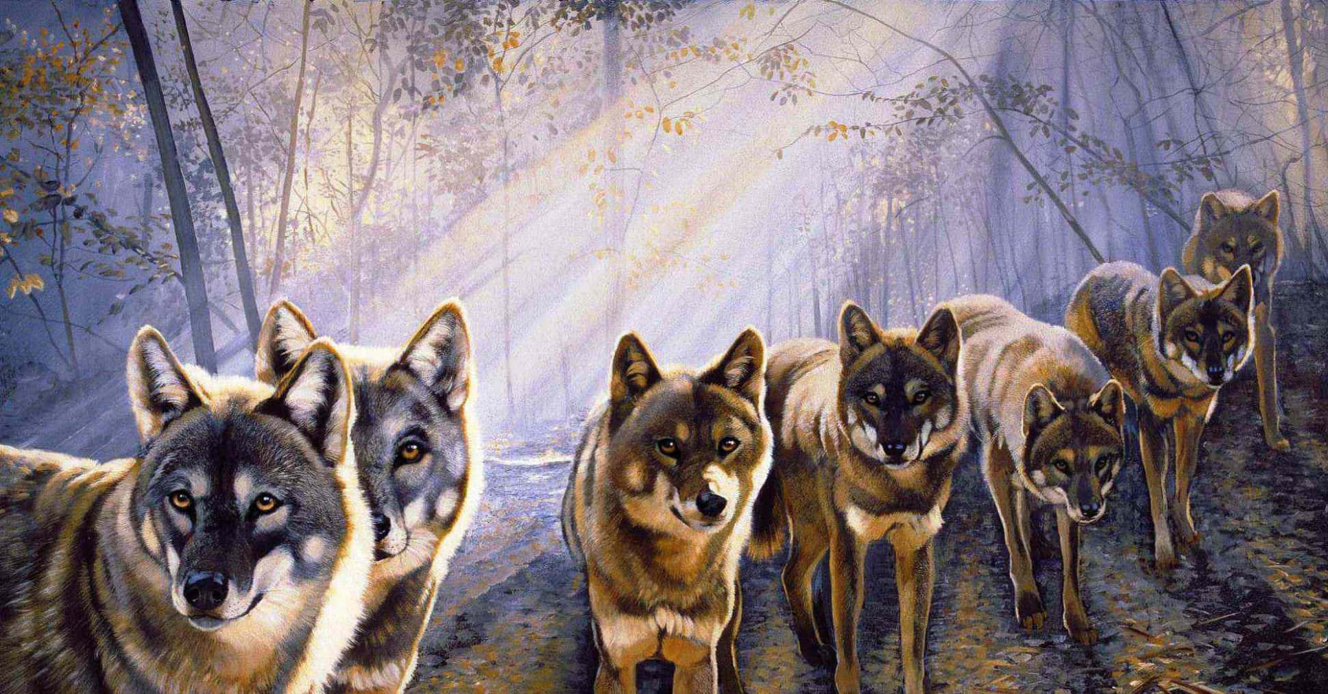 Wolf Pack 桌布 壁紙 — 一群狼在霧氣瀰漫的秋林中警覺地站立，金色陽光穿過光禿的樹木灑落。