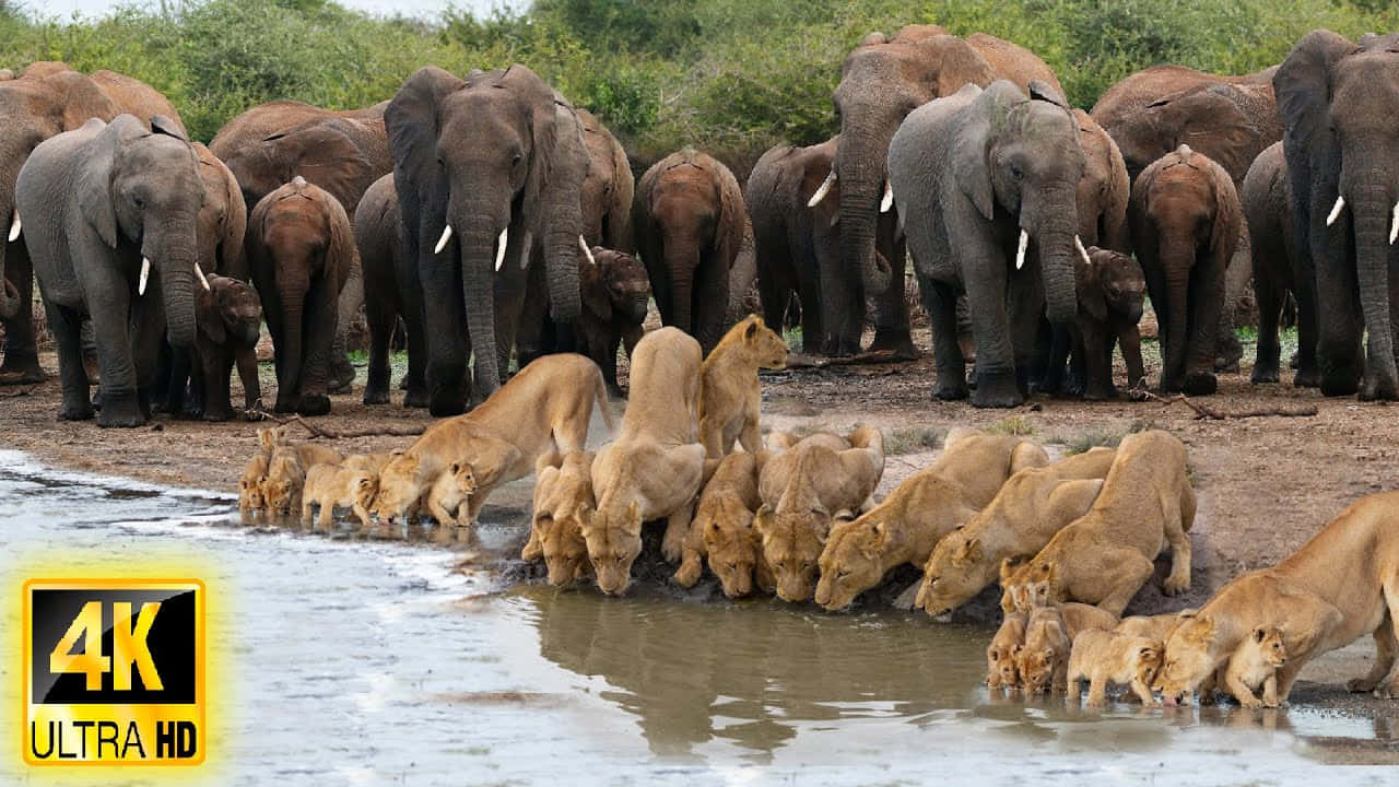African Animals 桌布 壁紙 — 一群獅子在泥濘的水坑飲水，而一大群大象在背景中警戒。