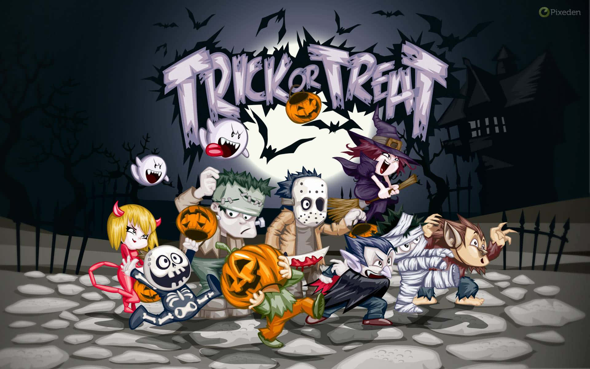 Trick Or Treat 桌布 壁紙 — 一群由鬼魂、吸血鬼和怪物組成的卡通萬聖節隊伍，在月光下的天空下歡快地跑過一個陰森的墓地。
