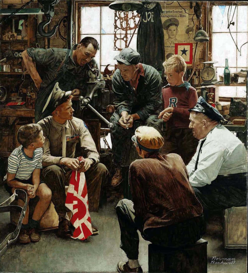 Norman Rockwell 桌布 壁紙 — 一群男人和男孩聚集在一個雜亂的車庫工場，圍著一位正在修理汽車引擎的技師分享時光。