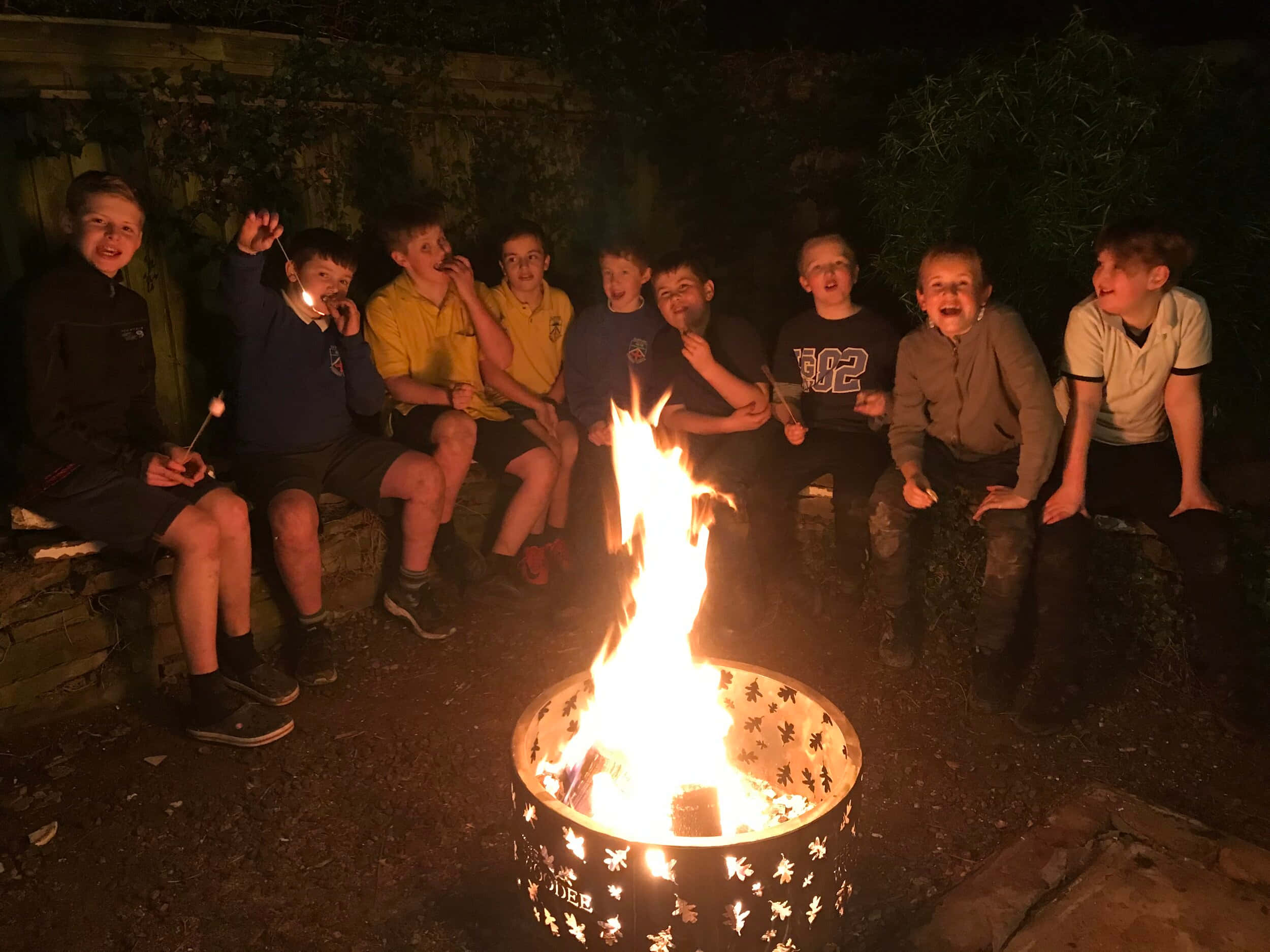 Bonfire 桌布 壁紙 — 一群男孩在夜晚圍著發光的火坑，帶著歡樂的表情烤棉花糖。