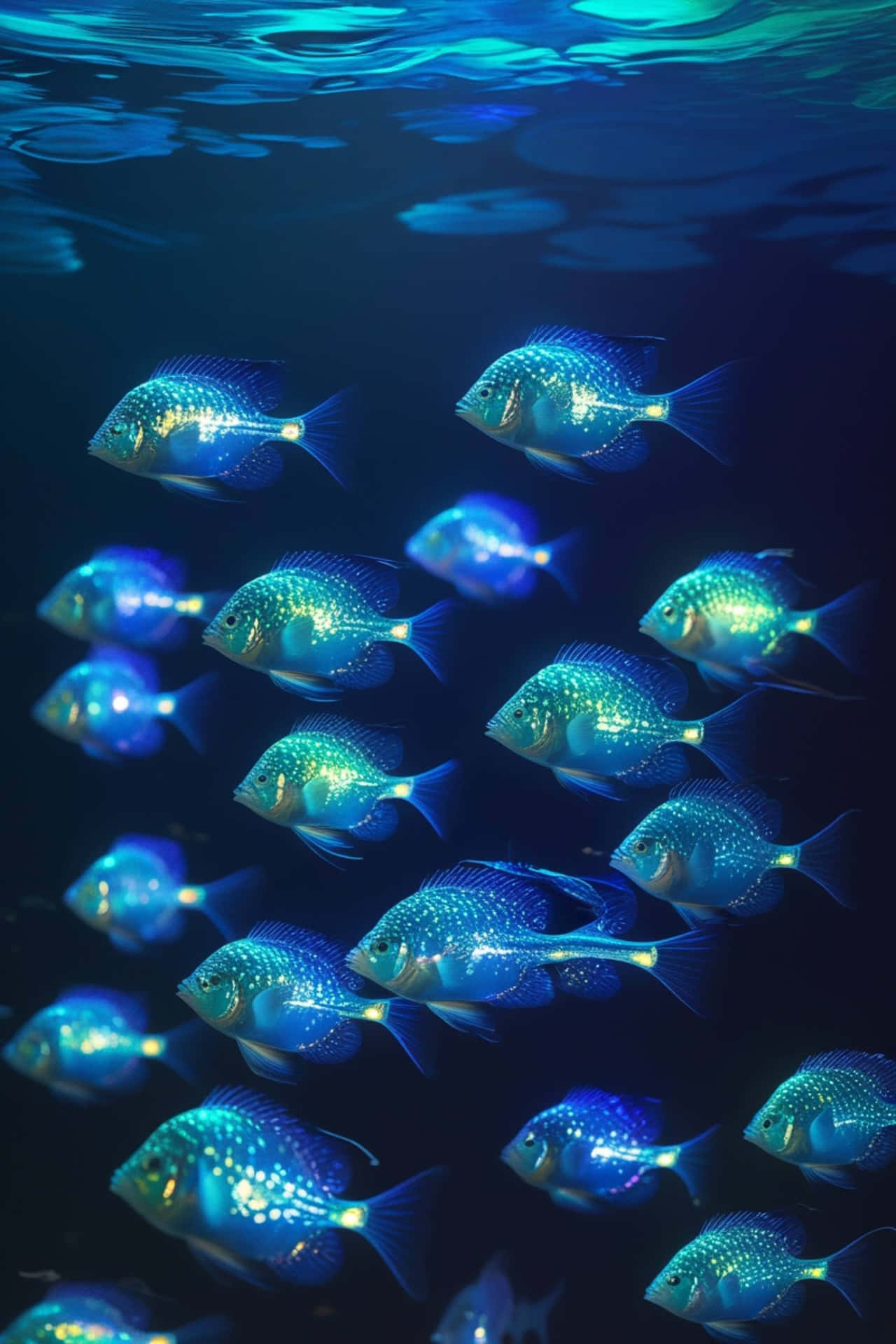 Bioluminescent Fish 壁紙 — 一群發光的藍色魚在深海中游動，光線從上方水面過濾下來。