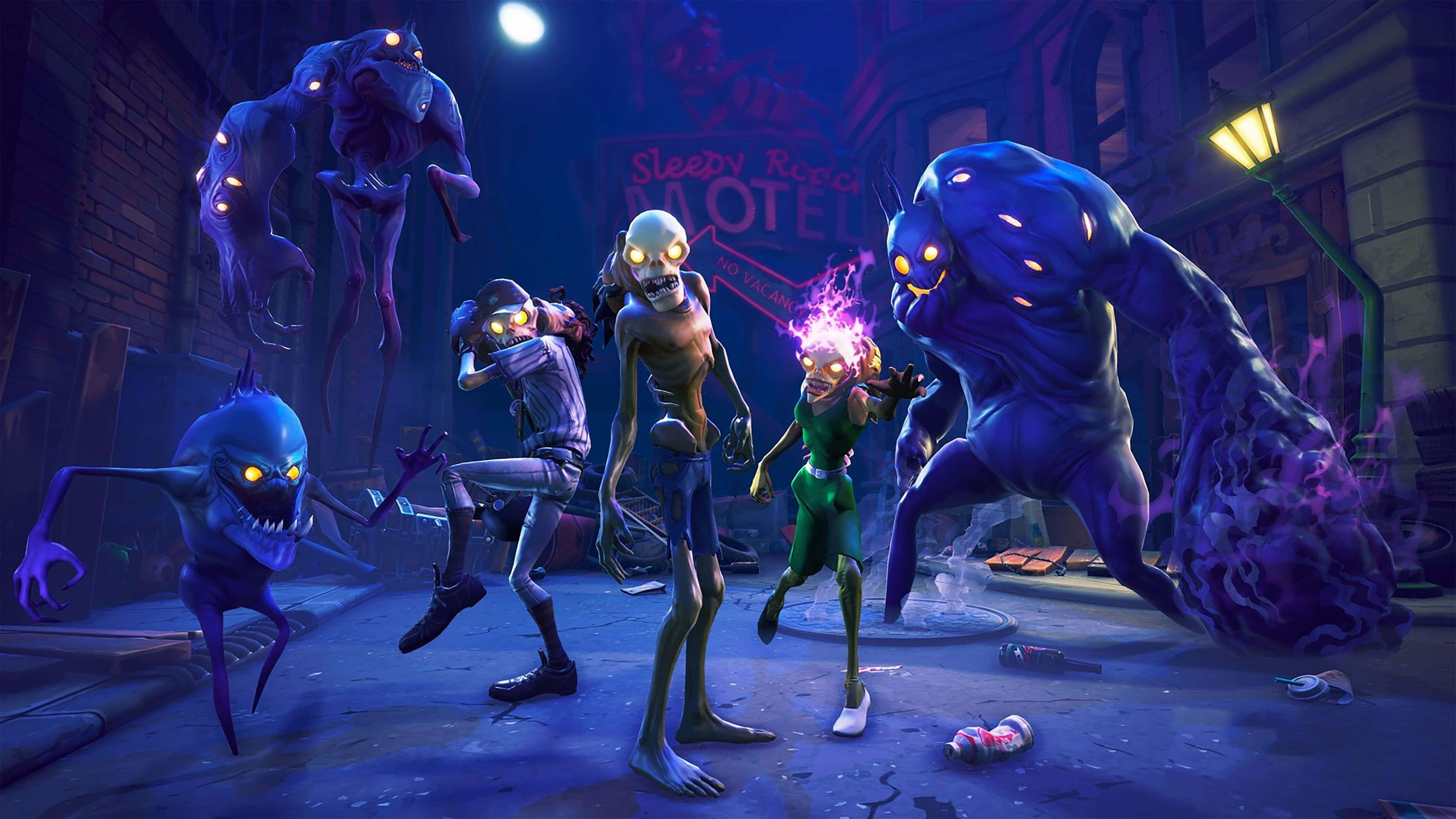 Fortnite 桌布 壁紙 — 一群發光眼睛的怪物和一個身穿綠色衣服的角色在滿月下的黑暗詭異街道上戰鬥。