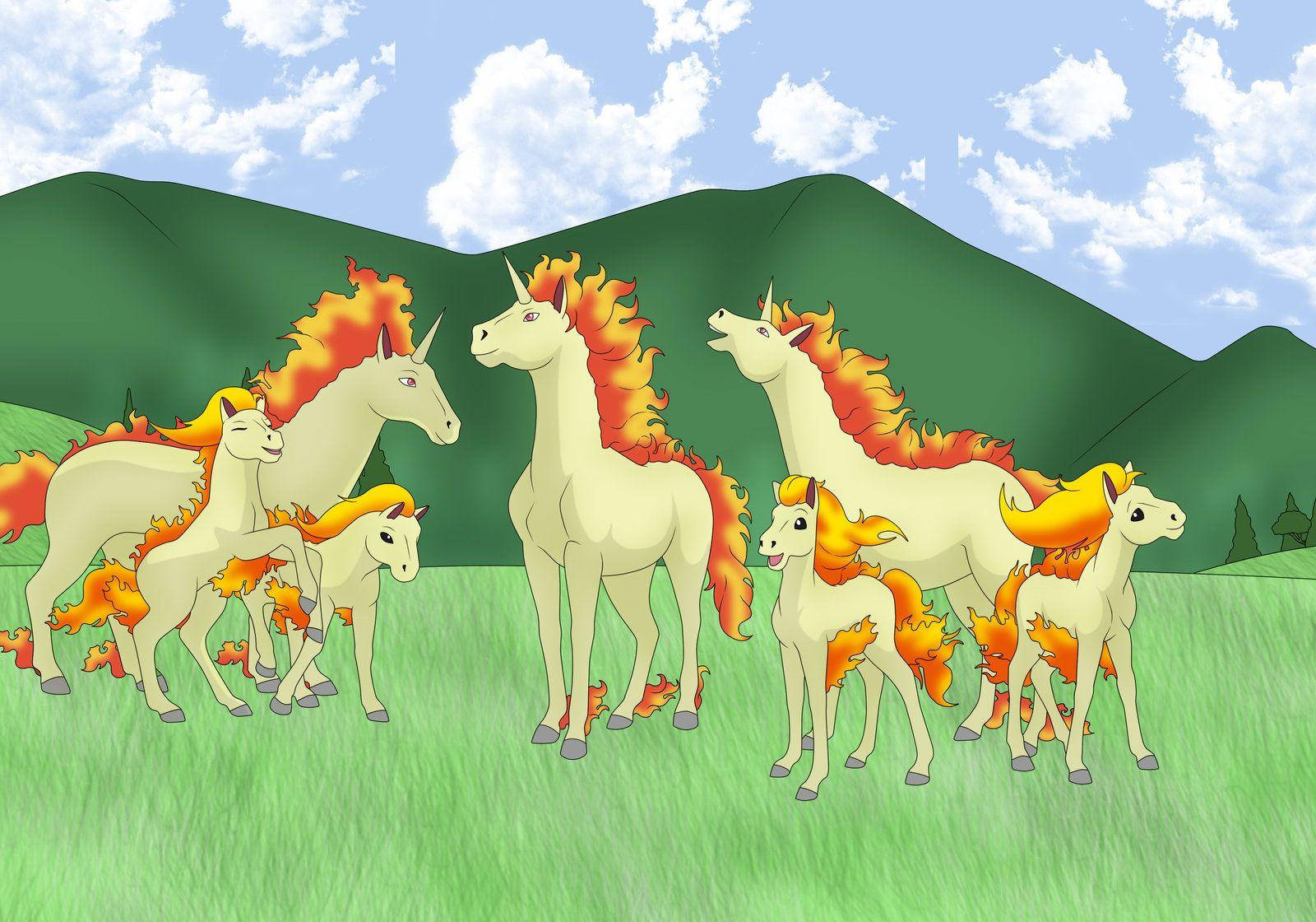寶可夢 桌布 壁紙 — 一群白色獨角獸，有著火橙色的鬃毛，在陽光明媚的綠色草地上吃草，藍天白雲。