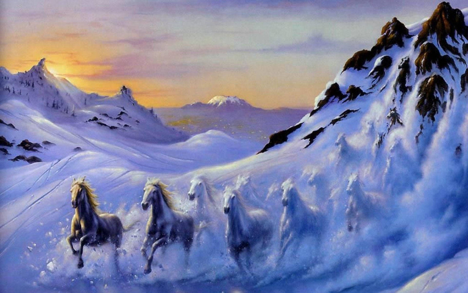 Running 桌布 壁紙 — 一群白馬在日落時分奔馳於積雪的山谷中，天空呈現橙色和紫色。