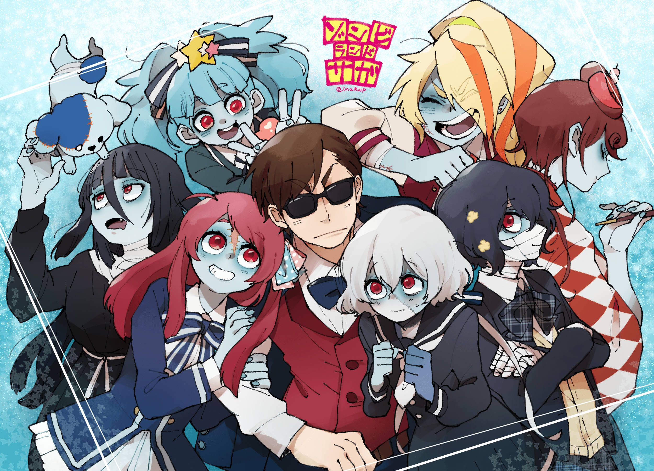 zombie land saga 桌布 壁紙 — 一群皮膚蒼白、眼睛紅色的動漫角色在淺藍色紋理背景前充滿活力地擺姿勢。
