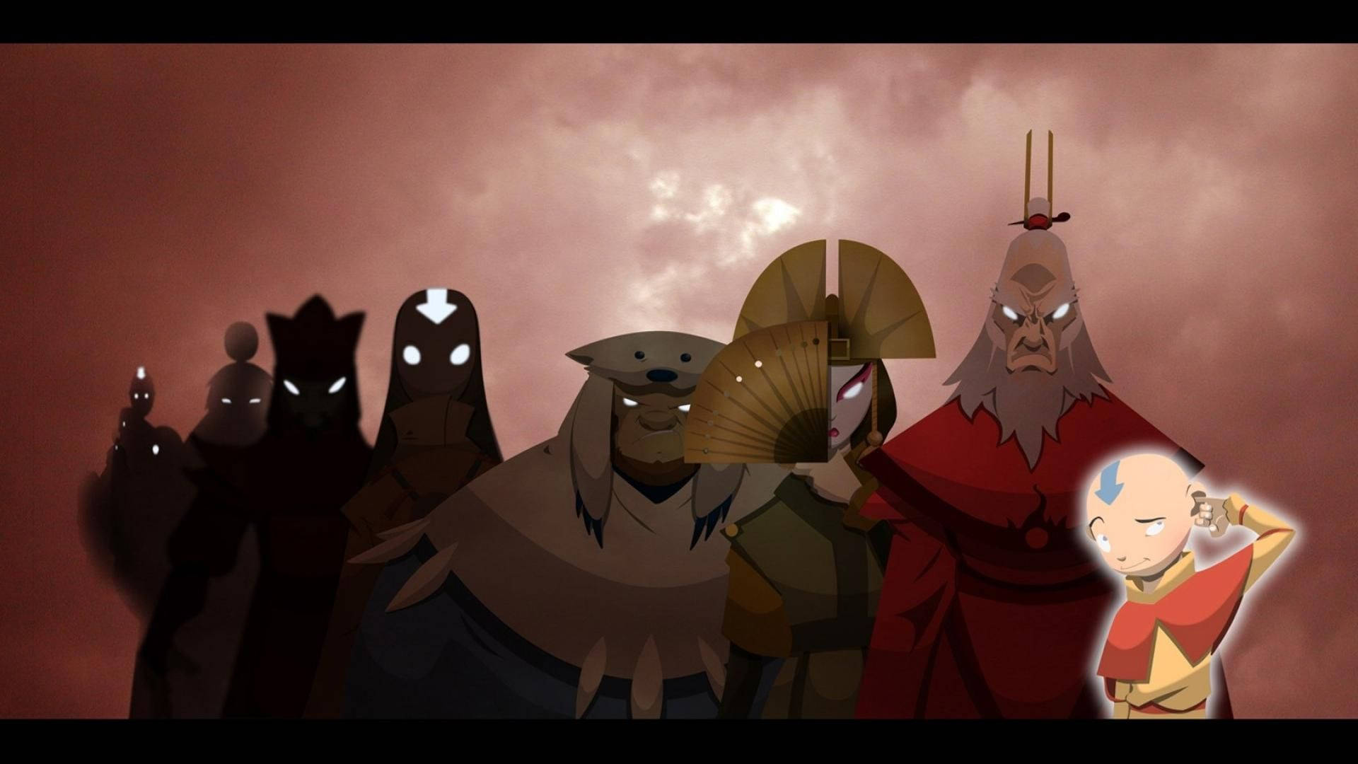 Airbender 桌布 壁紙 — 一群眼睛發光的動畫角色在暗紅色的天空下以戲劇性的排列站立。