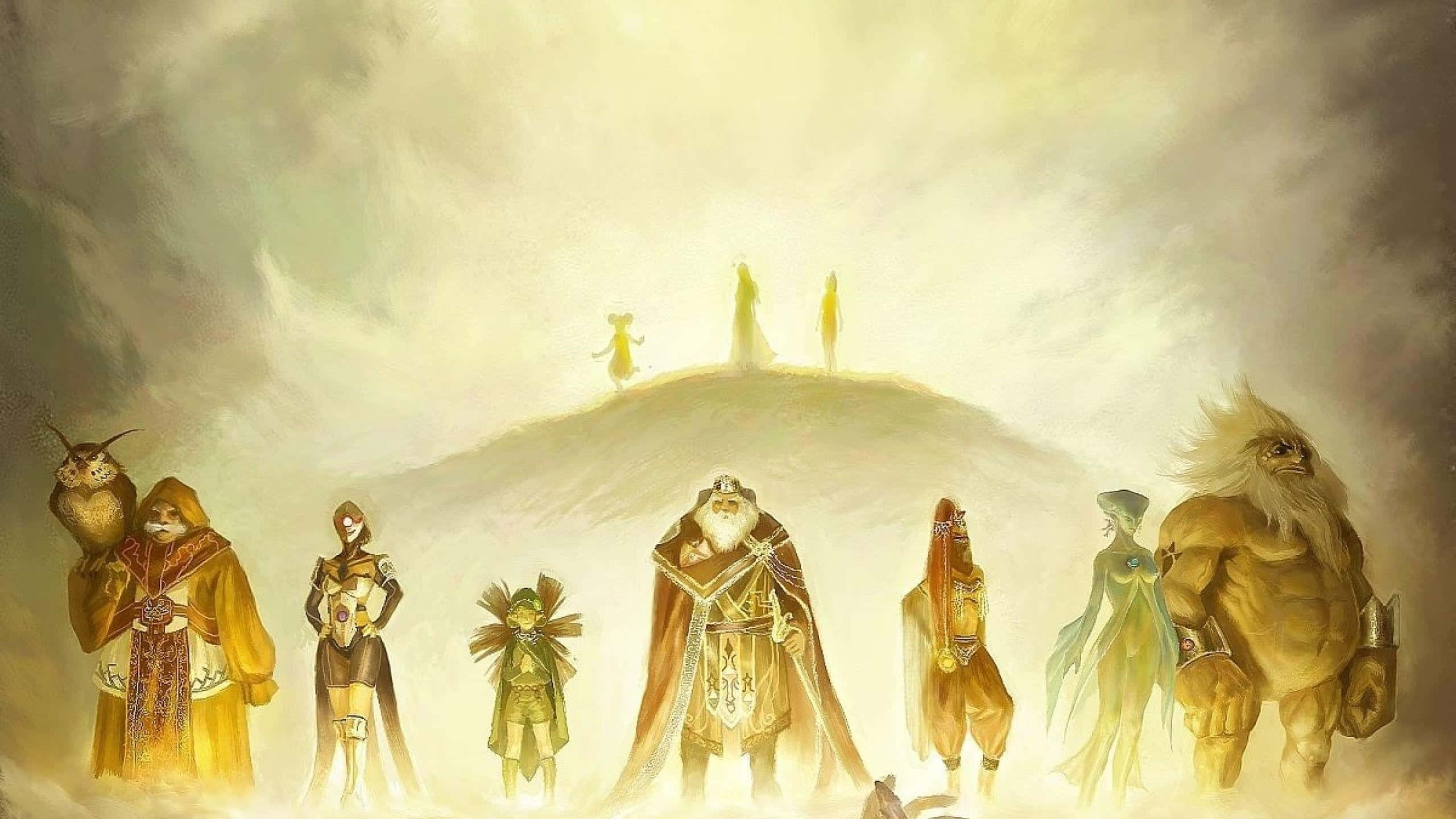 Legend Of Zelda Twilight Princess 桌布 壁紙 — 一群神秘的奇幻角色站在發光的山丘上，天空多雲，遠處的人物在上方形成剪影。