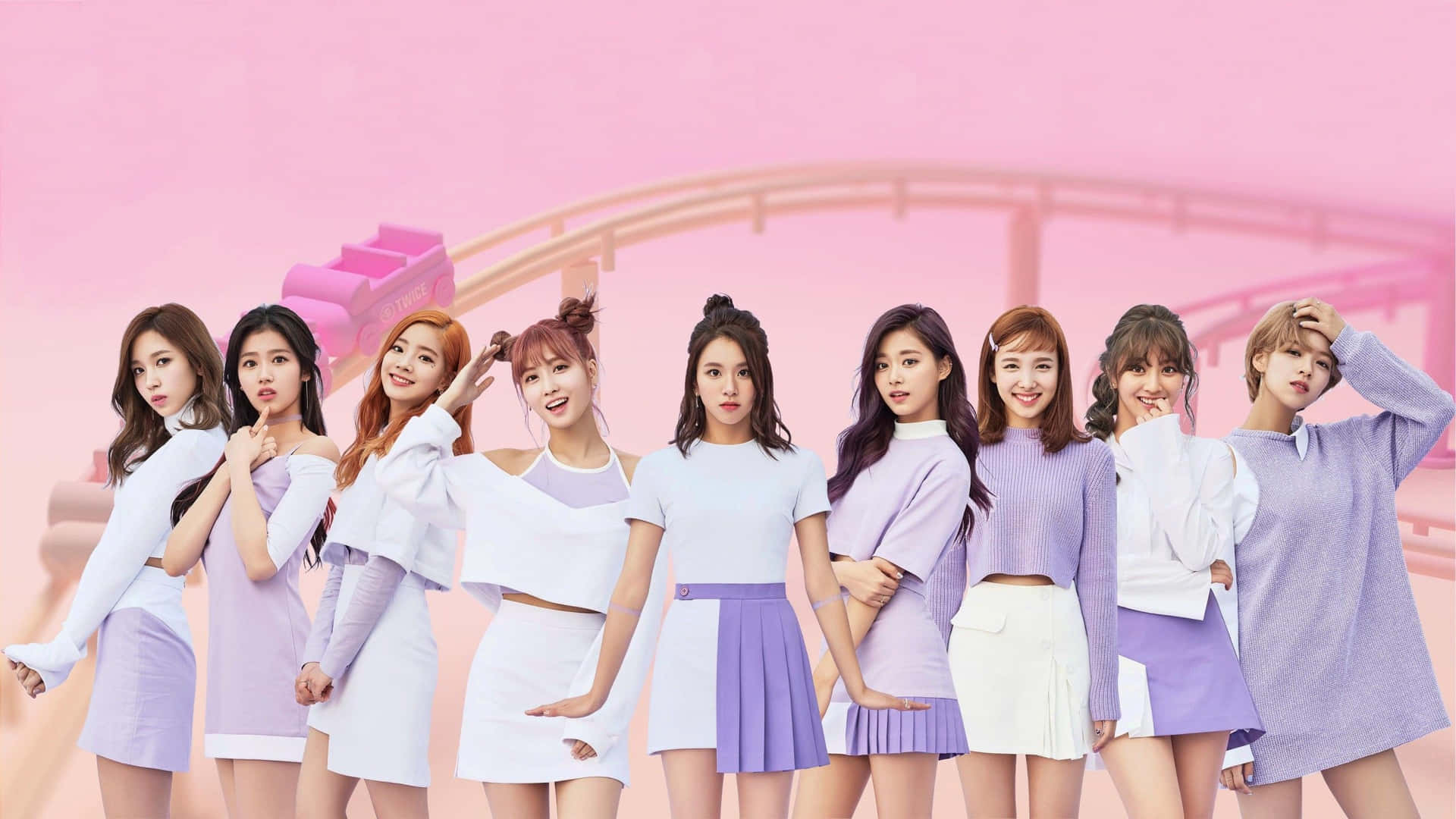 一群穿粉紅與紫色洋裝的女孩 — Twice 壁紙