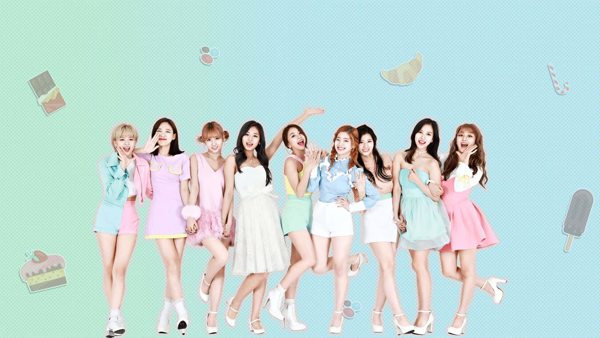 一群穿粉藍裙子的女孩 — Twice 壁紙