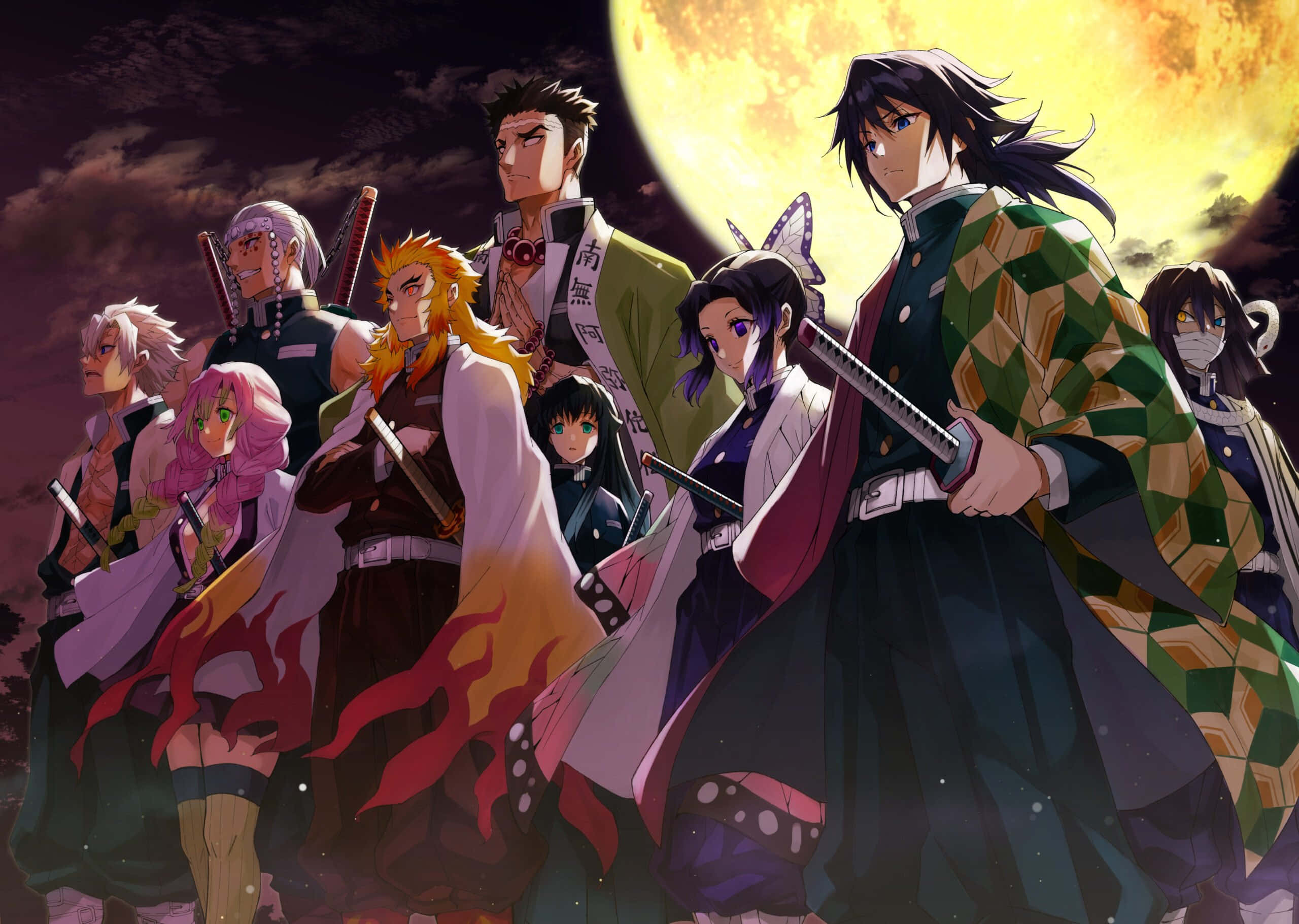 Demon Slayer Season 2 桌布 壁紙 — 一群穿著傳統服飾的動漫戰士，在發光的滿月背景下英勇地站立。