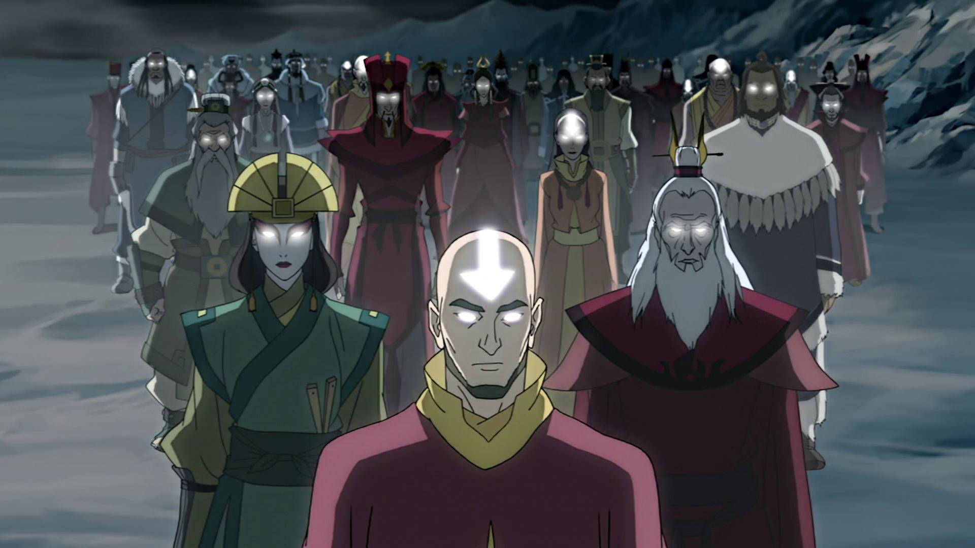 Airbender 桌布 壁紙 — 一群穿著傳統長袍的動畫角色莊嚴地站在黑暗天空下的雪地山景中。
