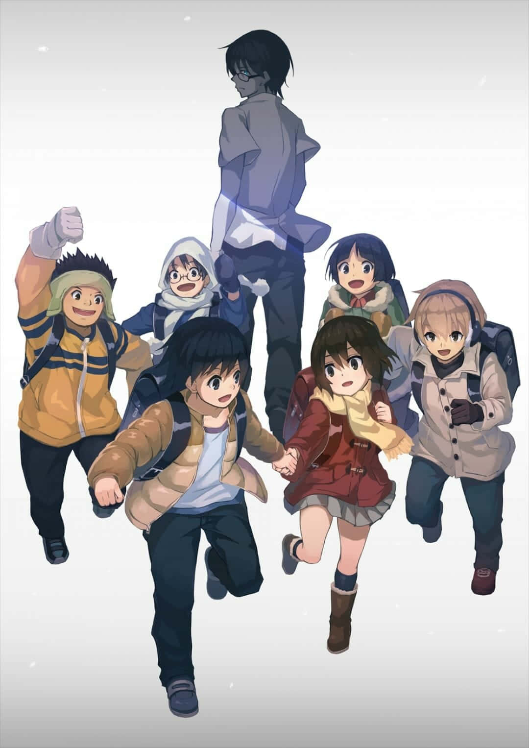 Erased 桌布 壁紙 — 一群穿著冬季外套的動畫小孩，帶著堅定的表情在飄雪中快樂奔跑。